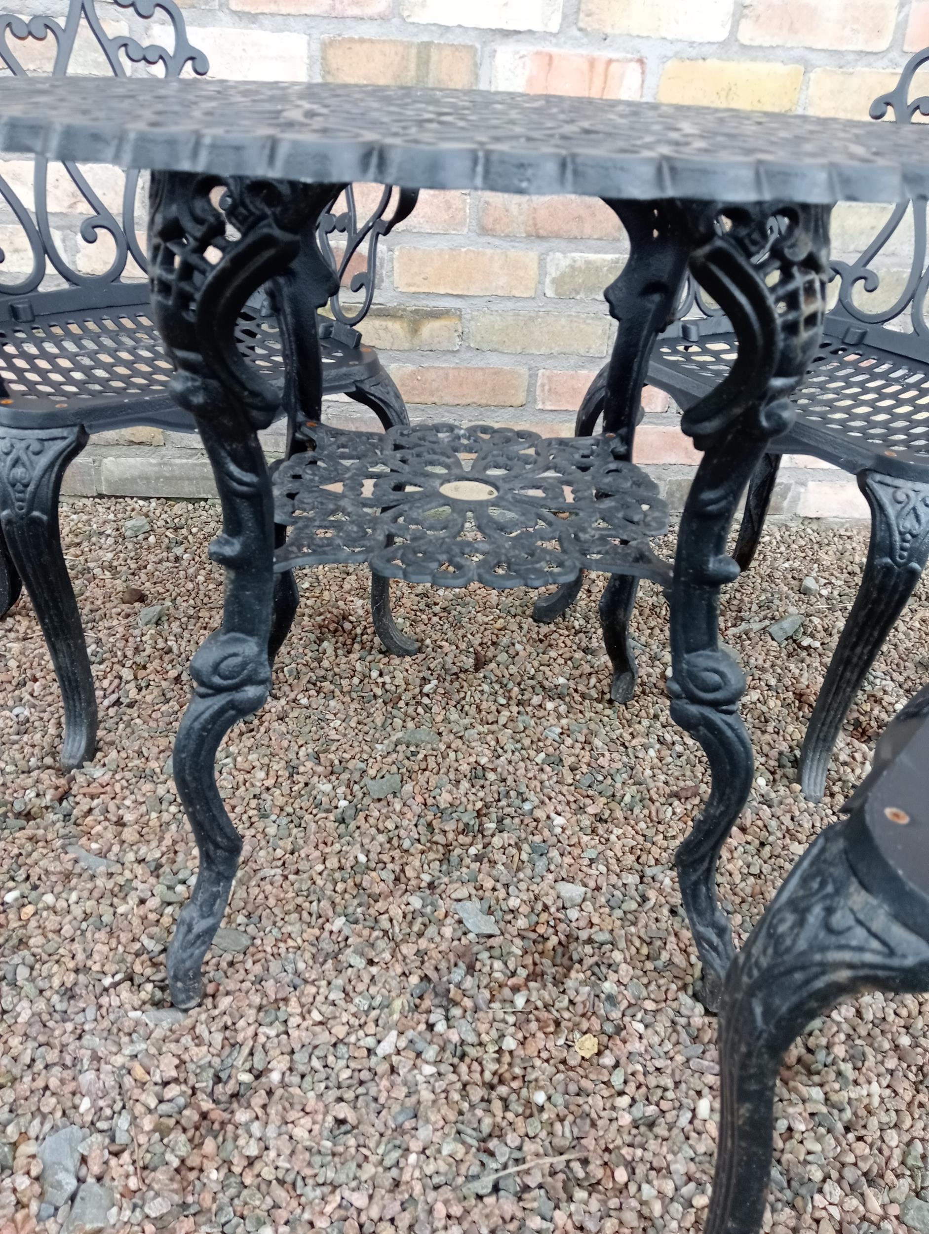 Cast aluminium black garden table four armchairs {Chairs H 80cm x W 58cm x D 50cm Table H 69cm x Dia - Image 3 of 5