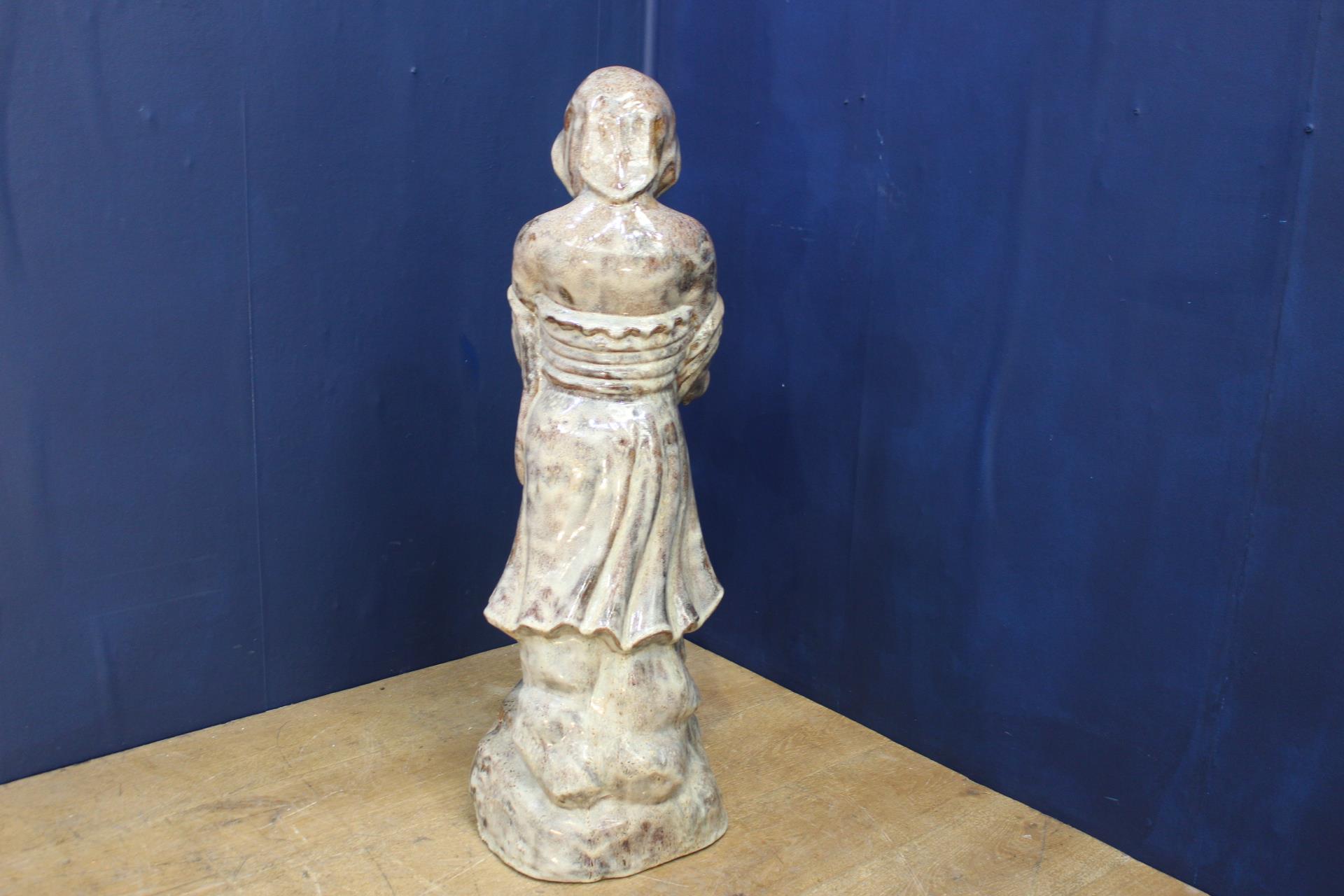 Salt glazed statue of a Girl holding bowl {H 90cm x W 31cm x D 36cm }. (NOT AVAILABLE TO VIEW IN - Image 2 of 2