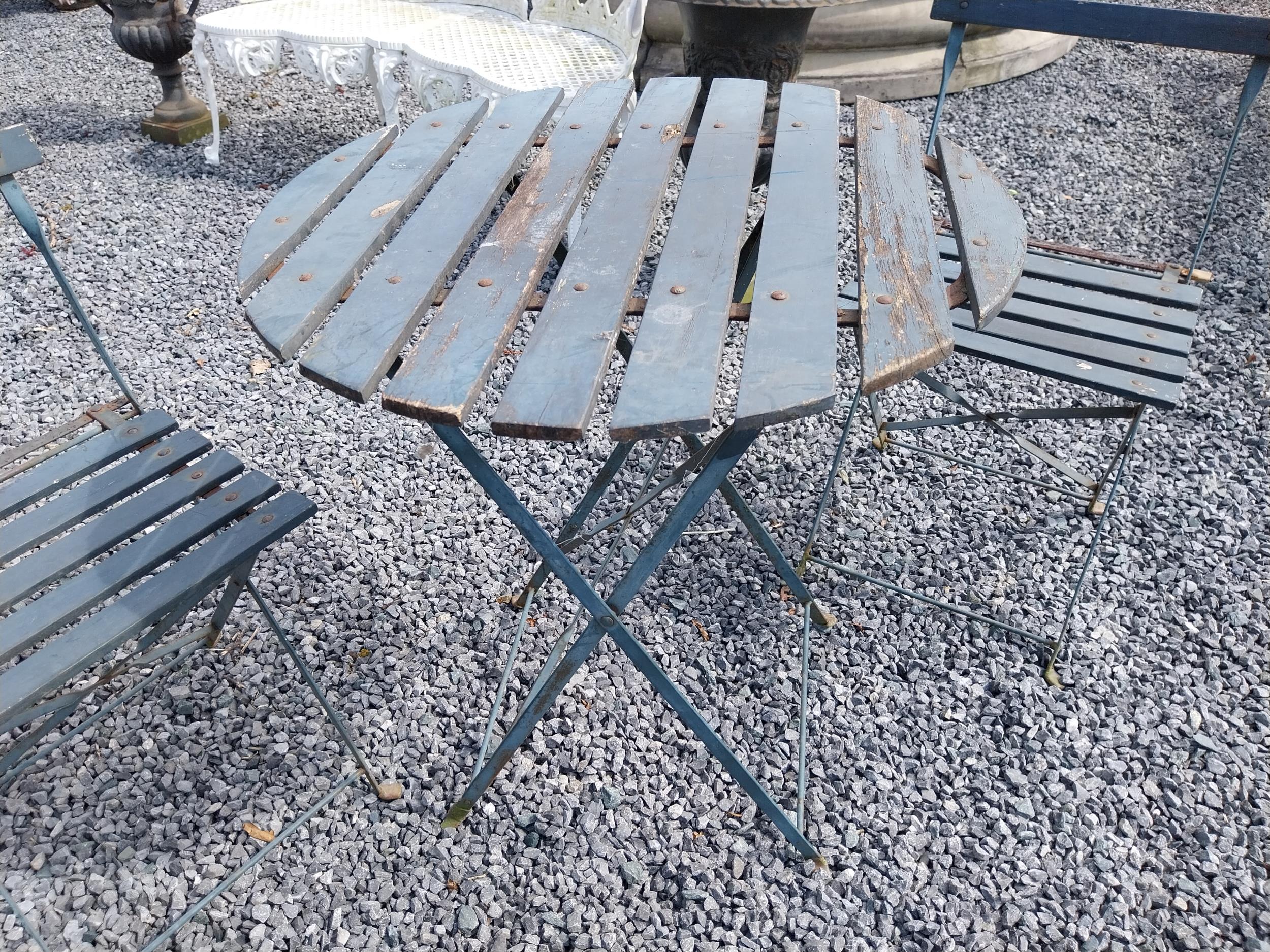 Wooden and metal garden table with two matching chairs {Tbl. 71 cm H x 60 cm Dia. and Chairs 80 cm H - Image 4 of 4