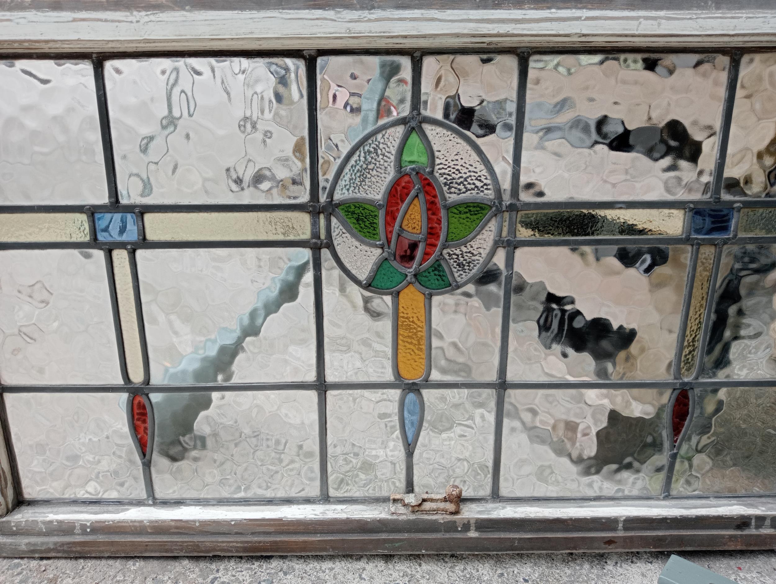 Leaded stain glass window with green and red tulip design {H 60cm x W 102cm }. (NOT AVAILABLE TO - Image 5 of 5