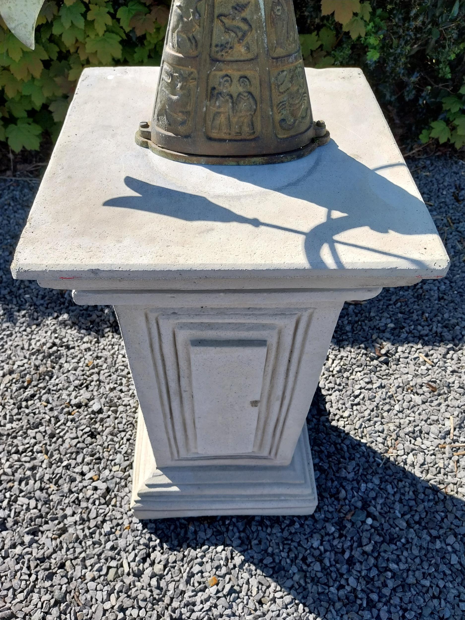 Copper and metal Armorial sundial raised on moulded sandstone pedestal {158 cm H x 40 cm W x 40 cm - Image 5 of 10