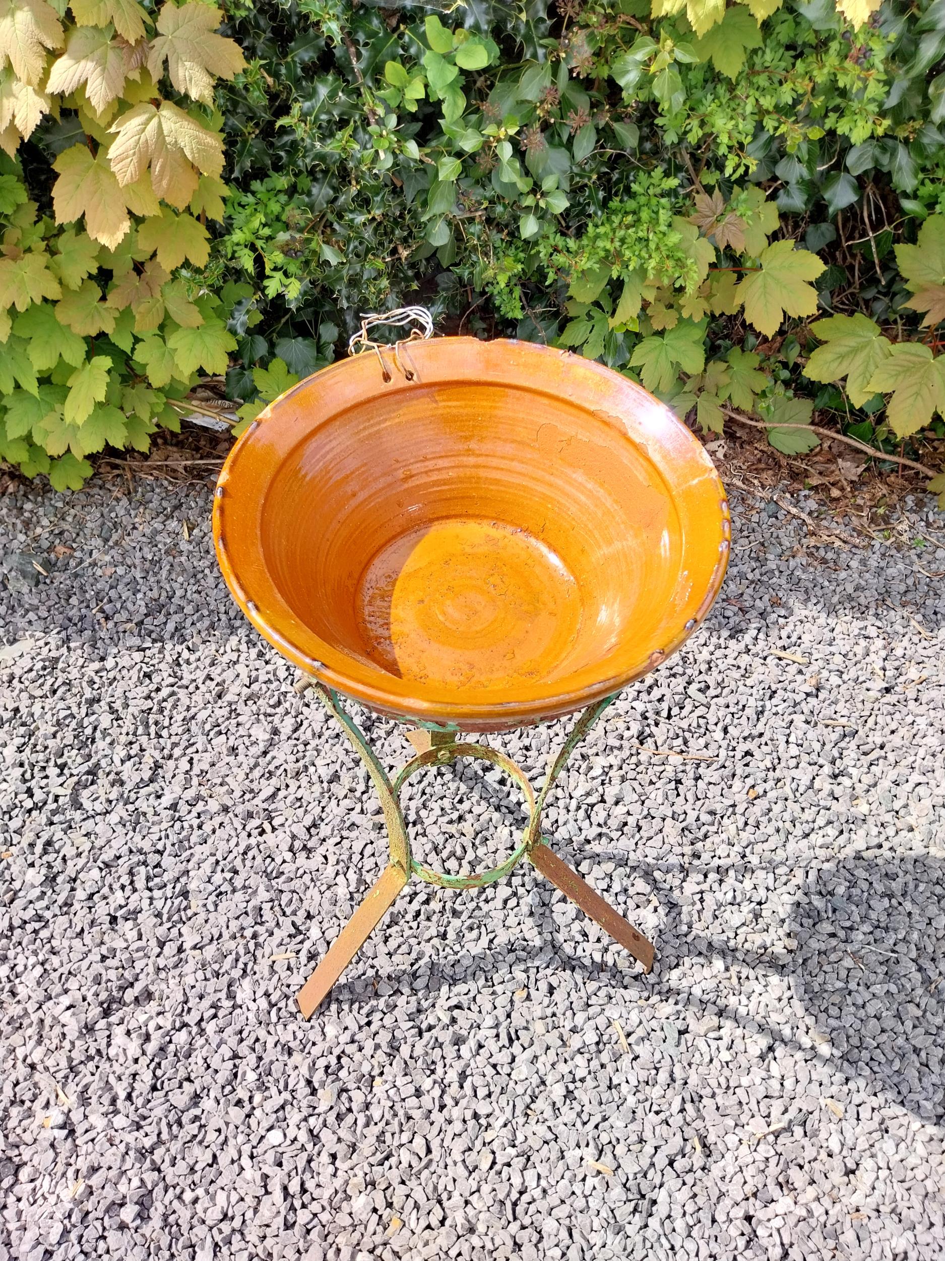 Glazed terracotta bowl raised on metal stand {72 cm H x 52 cm Dia.}. - Image 3 of 5