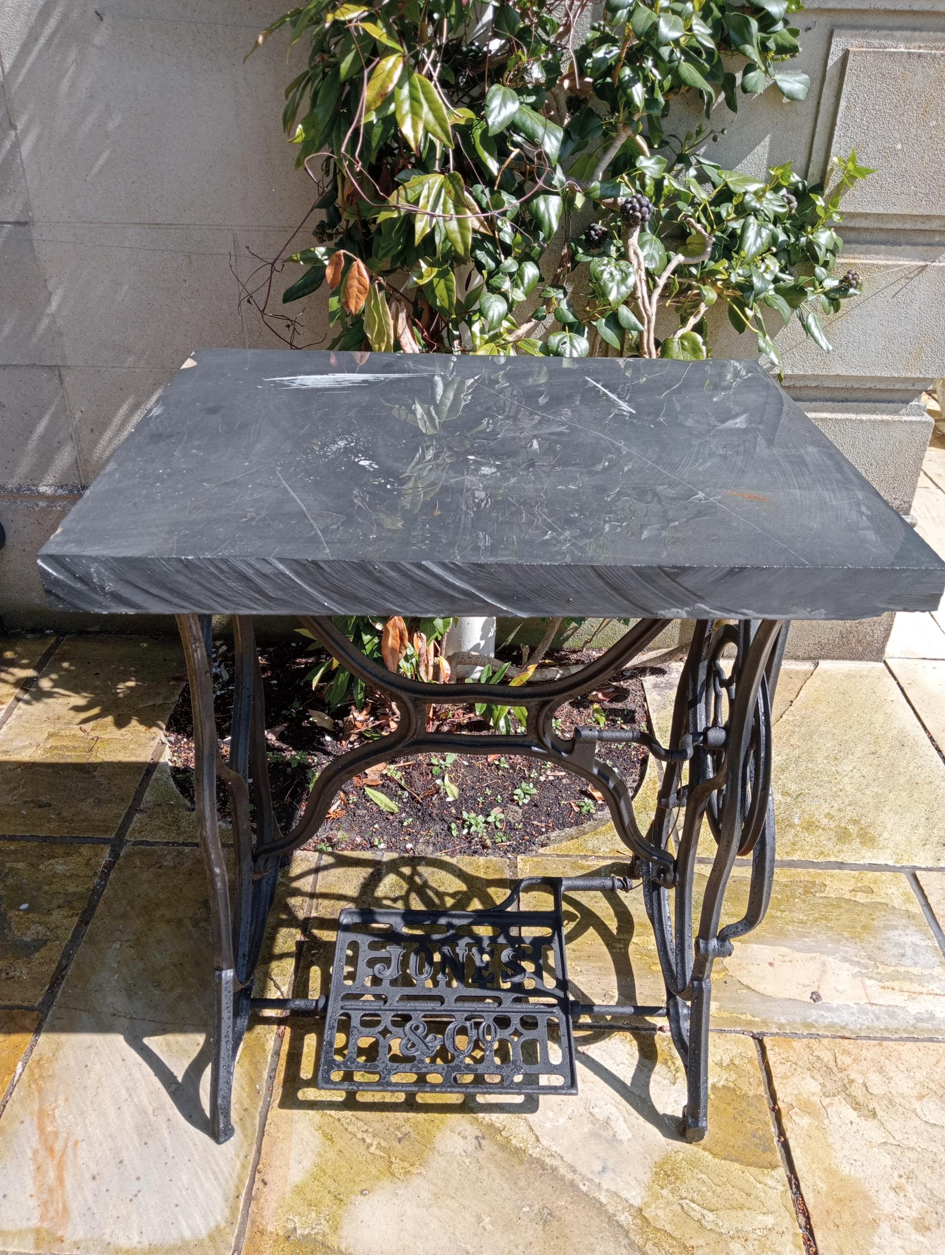 Cast iron sewing base with slate top {H 77cm x W 66cm x D 54cm}. (NOT AVAILABLE TO VIEW IN PERSON)