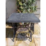 Cast iron sewing base with slate top {H 77cm x W 66cm x D 54cm}. (NOT AVAILABLE TO VIEW IN PERSON)