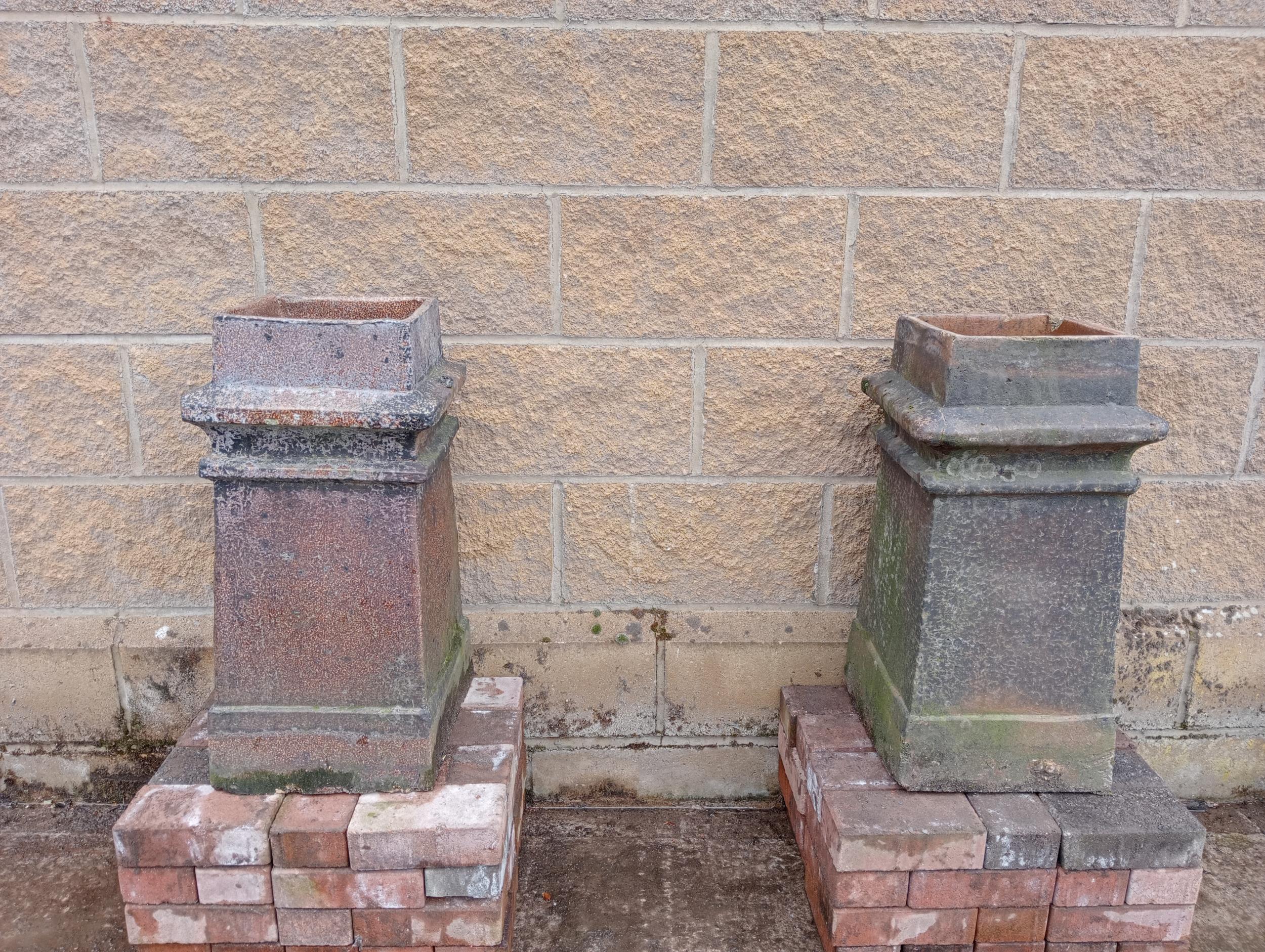 Pair of square salt glazed chimney pots {H 64cm x 31 x 31}. (NOT AVAILABLE TO VIEW IN PERSON)
