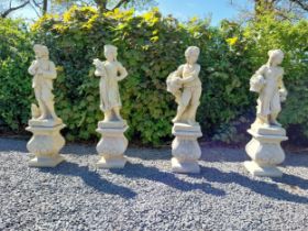 Moulded sandstone Four Seasons statues raised on pedestals {119 cm H x 28 cm W x 28 cm D}.