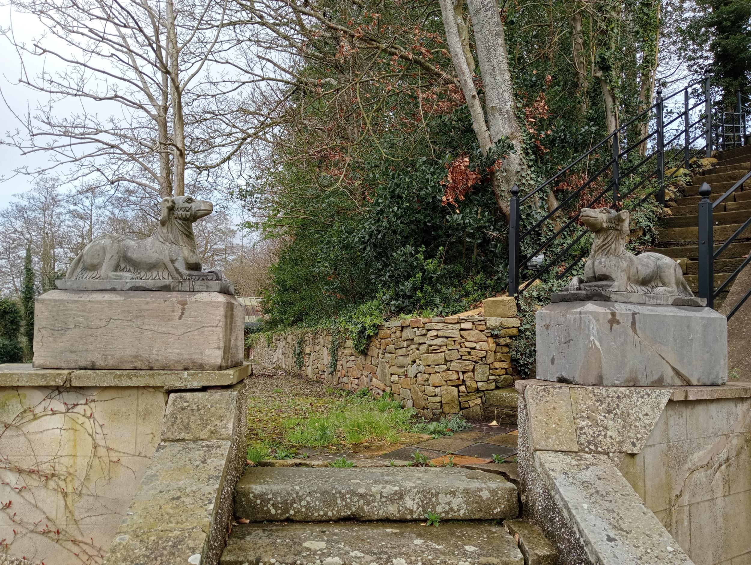 Pair of stone dogs raised on plinths {H 87cm x W 40cm x D 90cm }. (NOT AVAILABLE TO VIEW IN PERSON)