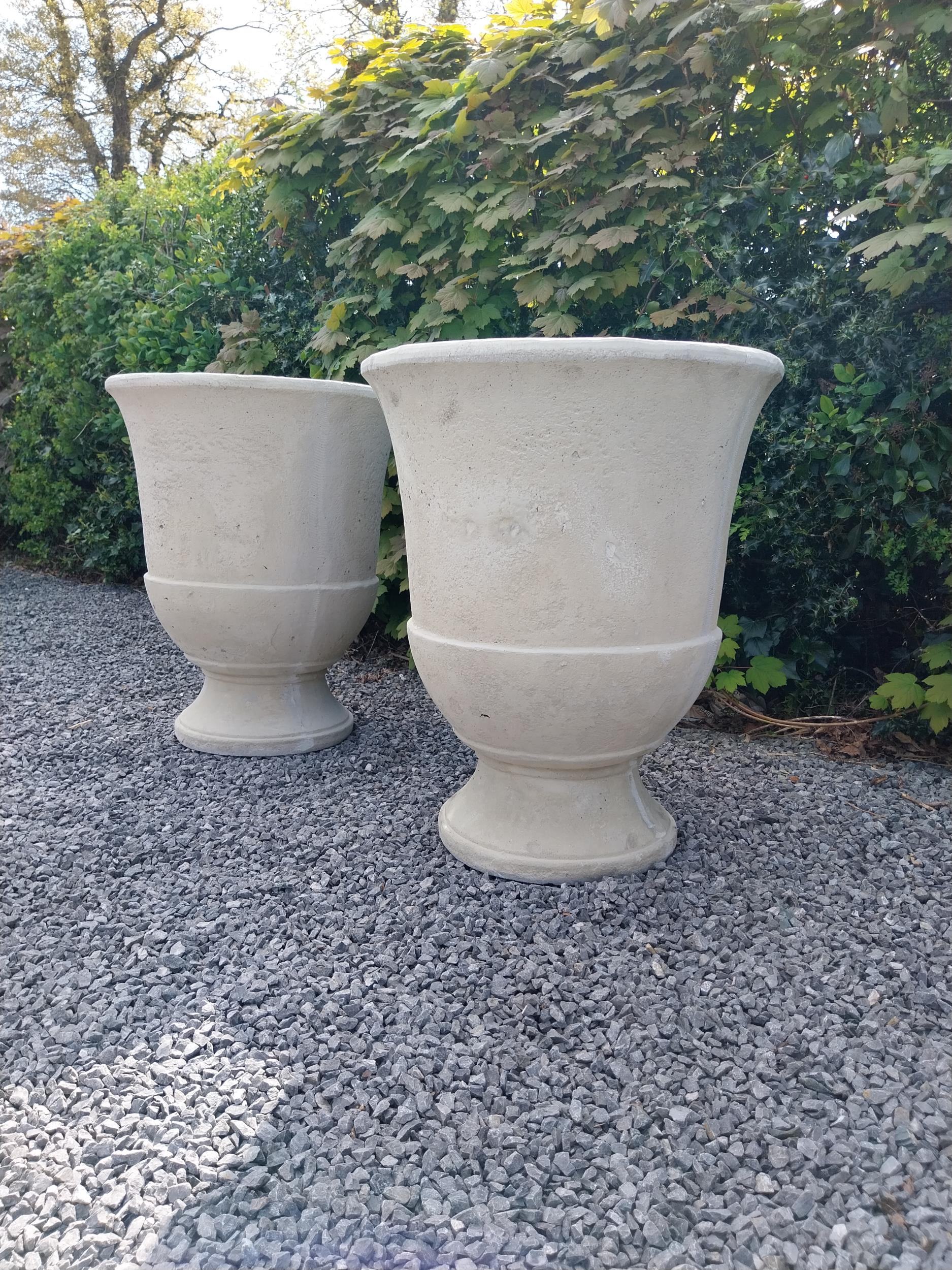 Pair of moulded sandstone circular urns {74 cm H x 59 cm Dia.}. - Image 5 of 8