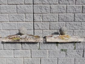 Pair of composition stone wall finials with sphere tops {H 40cm x W 90cm x D 35cm }. (NOT