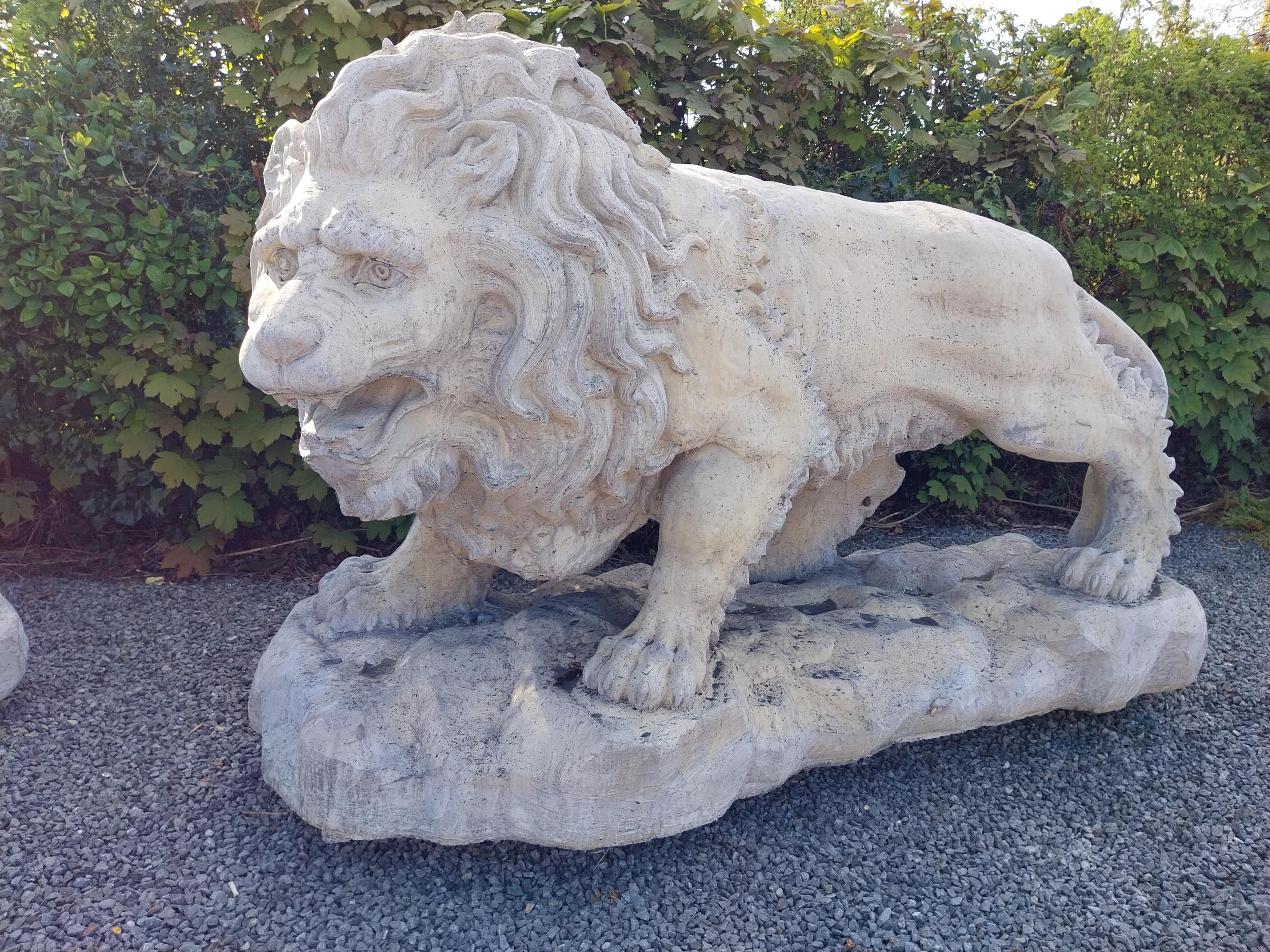 Pair of exceptional quality moulded sandstone majestic Lions {132 cm H x 210 cm W x 80 cm D}. - Image 14 of 16