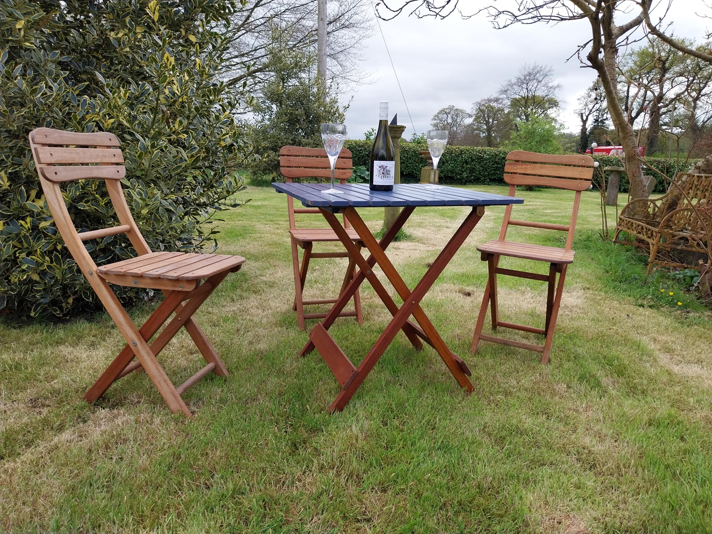 Good quality teak folding garden table with three matching garden chairs {Tbl. 71 cm H x 68 cm W x - Image 2 of 9