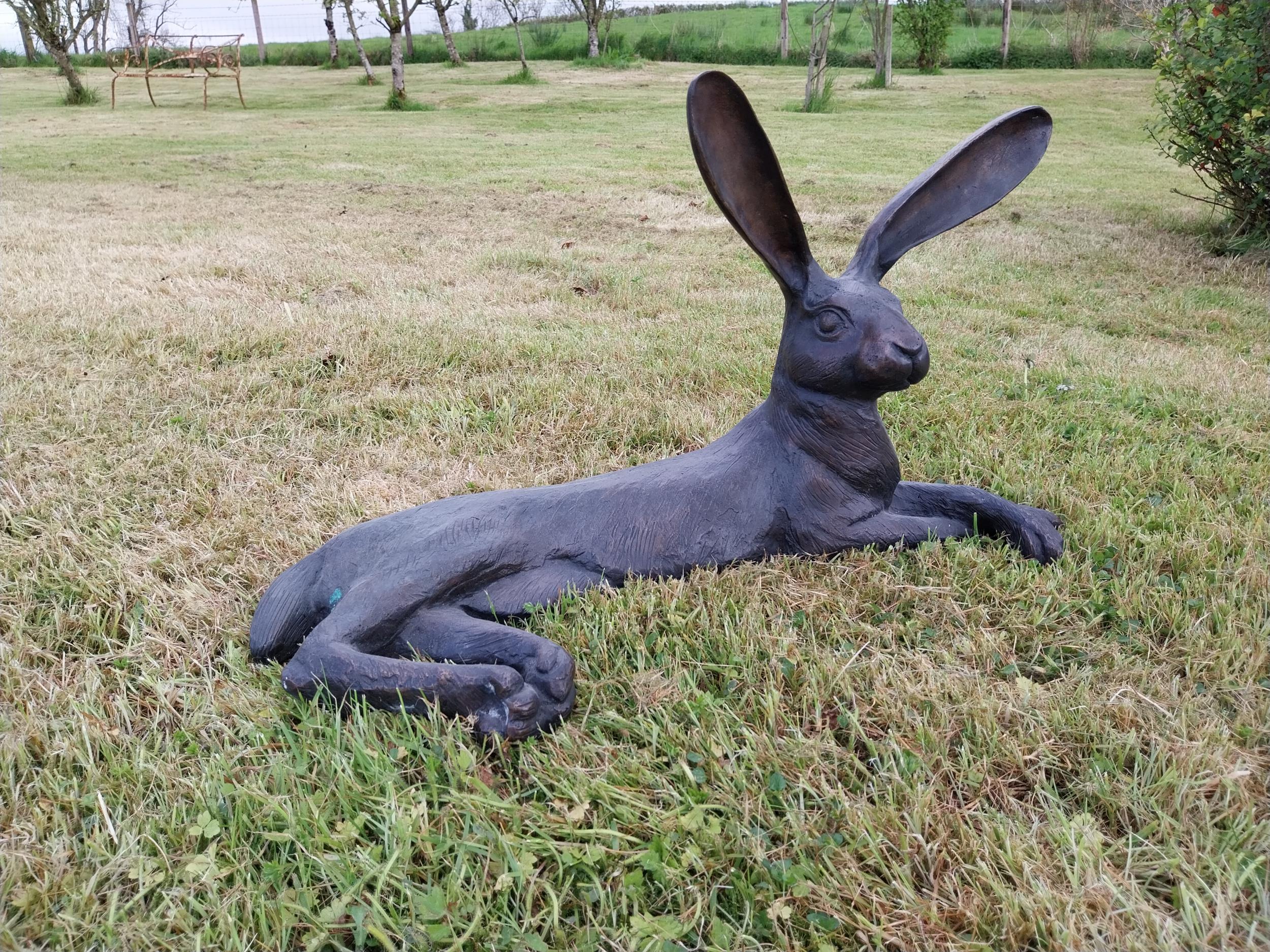 Exceptional quality bronze statue of a lying Hare with ears up {61 cm H x 35 cm W x 20 cm D}. - Bild 2 aus 5