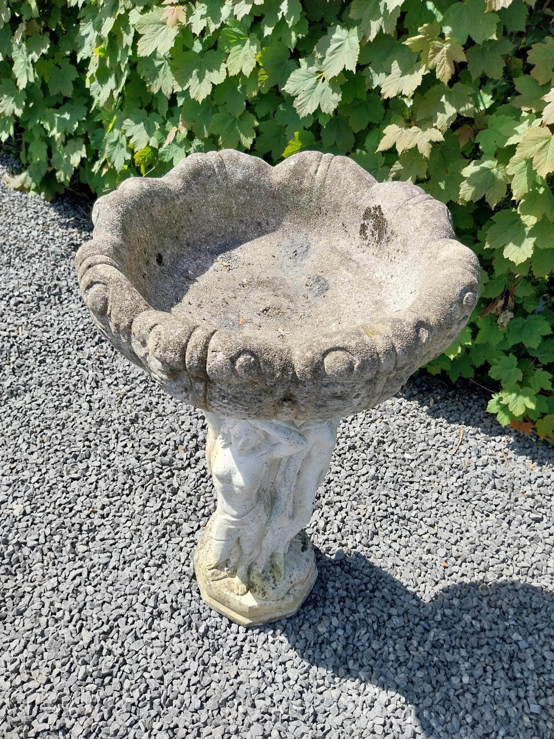 1950s painted composition bird bath held aloft by three Grecian ladies {84 cm H x 46 cm Dia.}. - Image 3 of 10