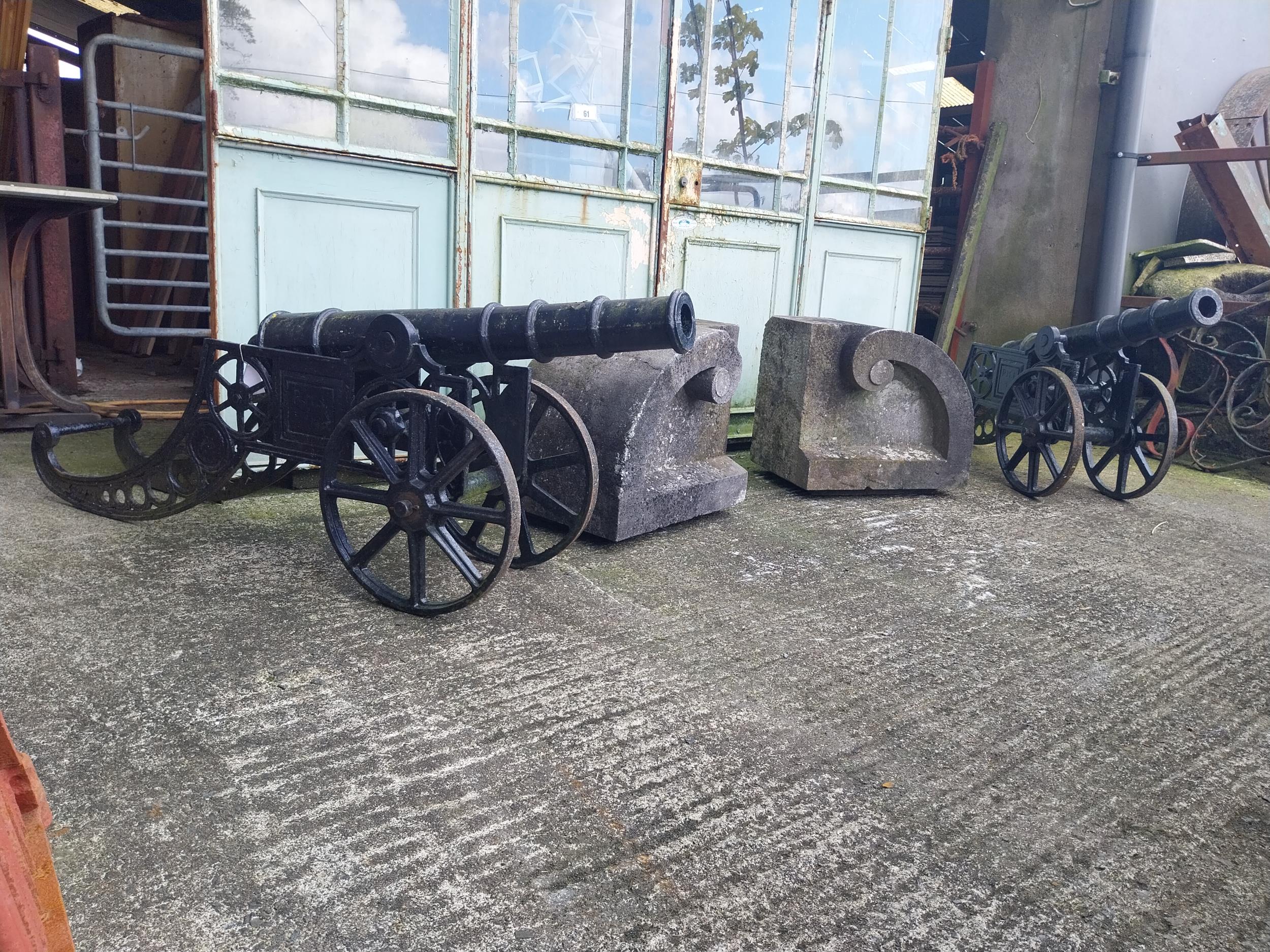 Pair of decorative cast iron cannons in the Victorian style {71 cm H x 42 cm W x 160 cm D}.