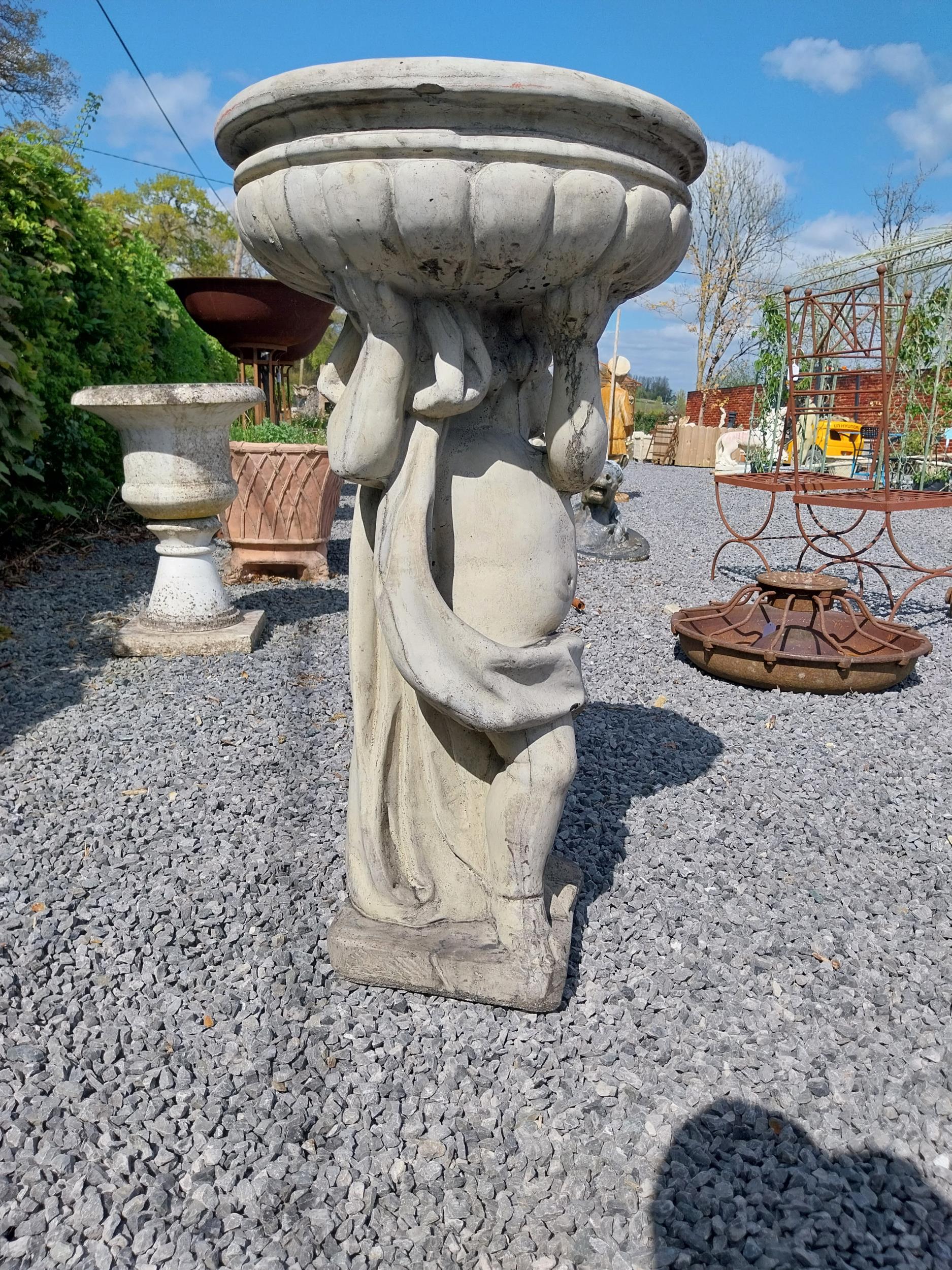 Moulded stone bird bath held of loft by Cherub {91 cm H x 49 cm Dia.}. - Image 8 of 9