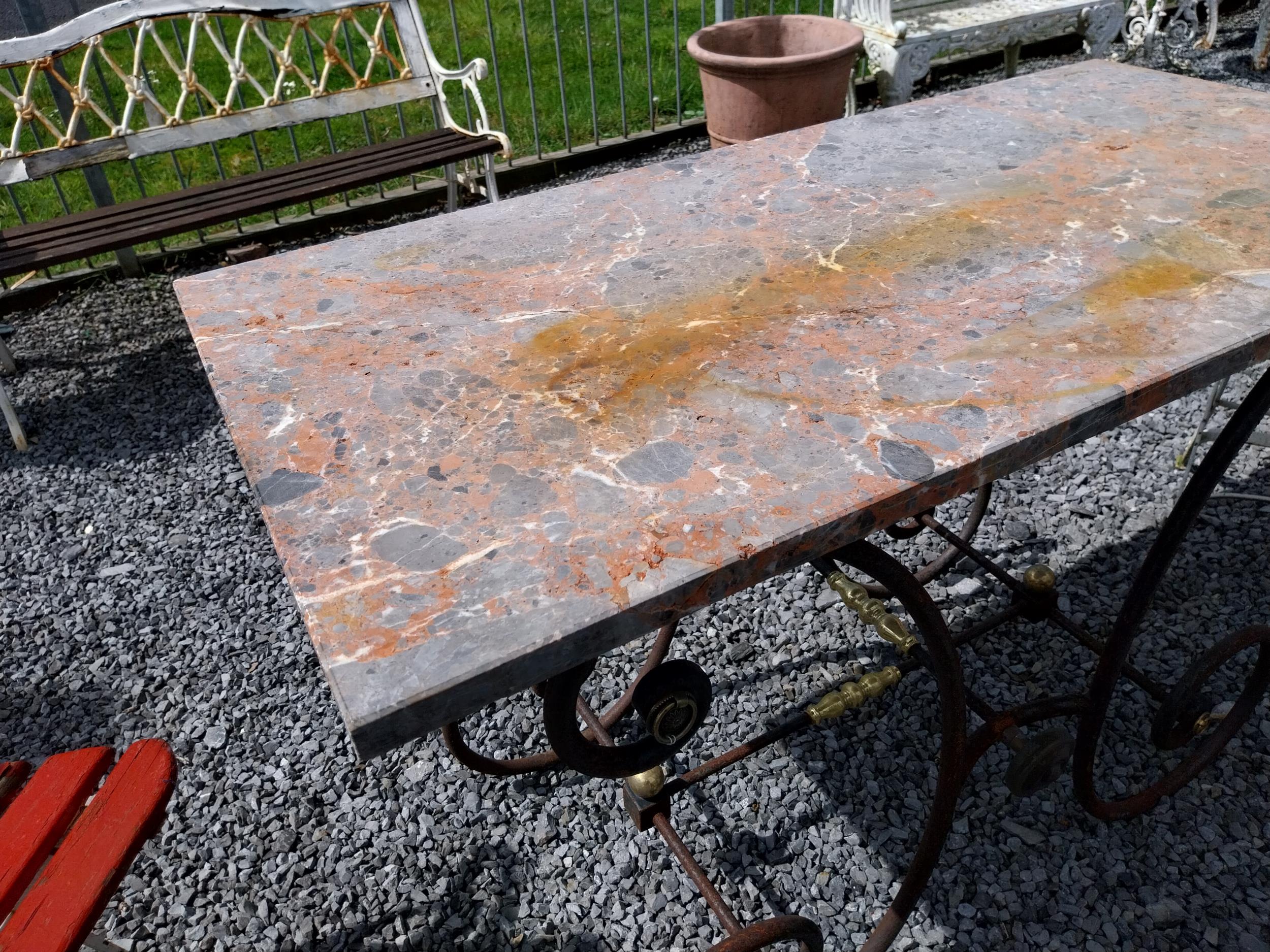 Good quality wrought iron and brass butchers table with marble top {76 cm H x 120 cm W x 60 cm D}. - Image 3 of 5