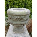 Solid marble planter decorated with ribbons {H 31cm x Dia 25cm}. (NOT AVAILABLE TO VIEW IN PERSON)