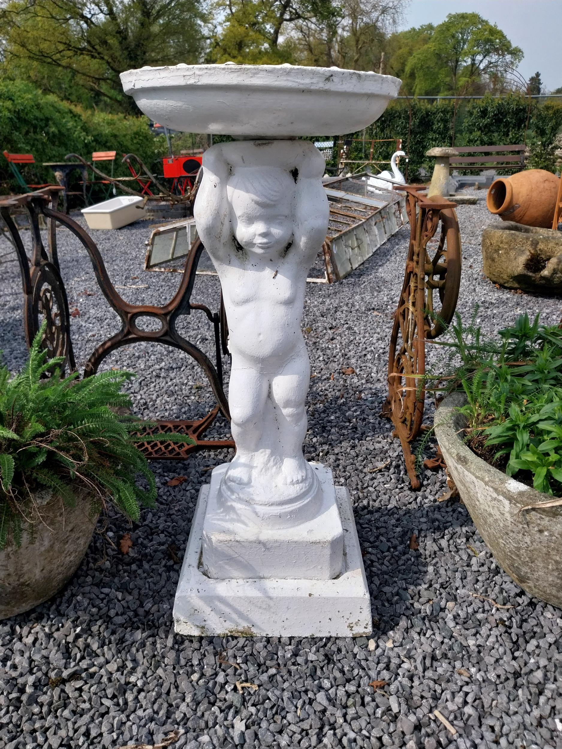 1950s composition bird bath held aloft by Cherub {89 cm H x 39 cm Dia.}.