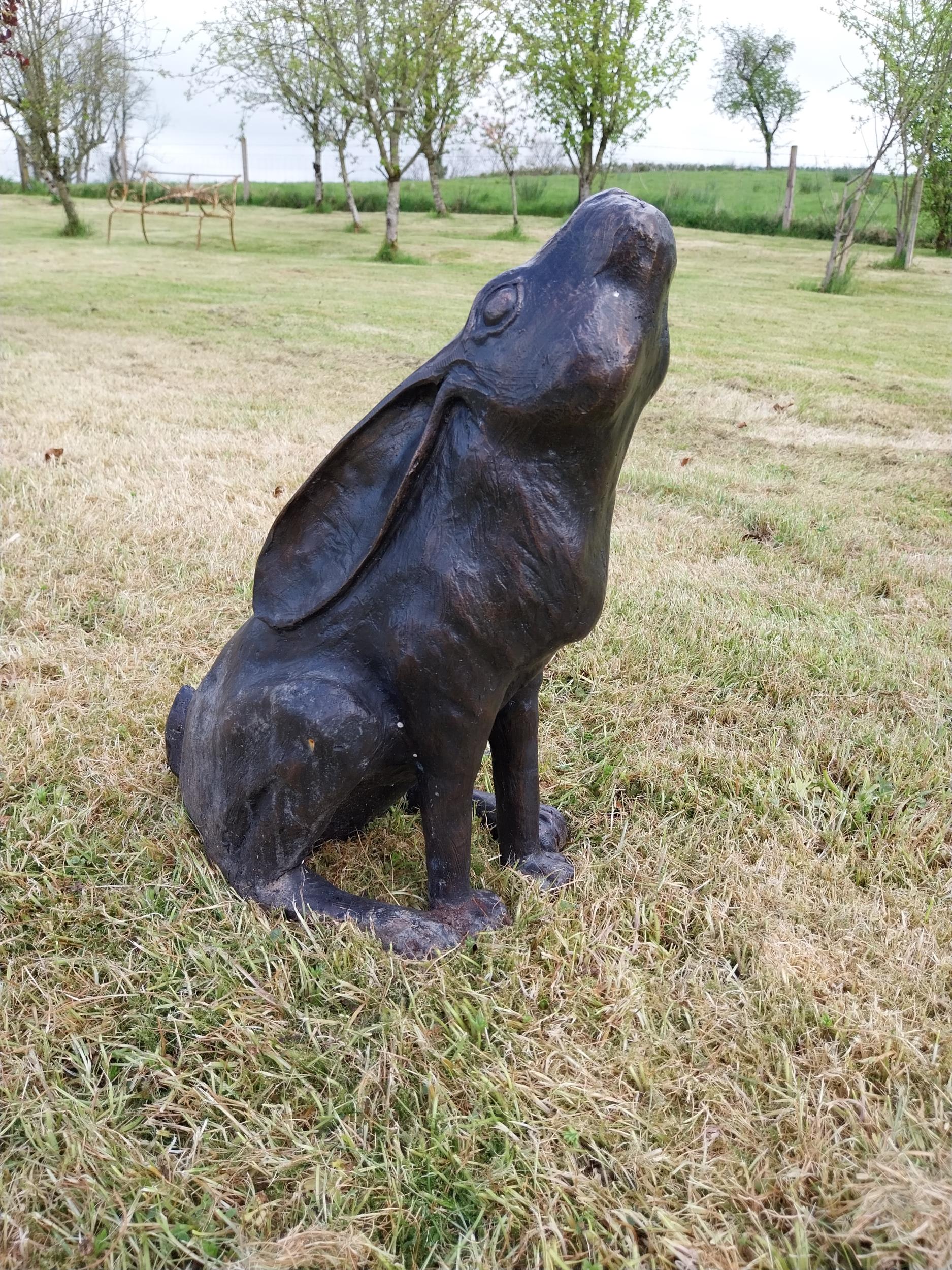 Exceptional quality bronze statue of a seated Hare with ears back {36 cm H x 38 cm W x 23 cm D}.