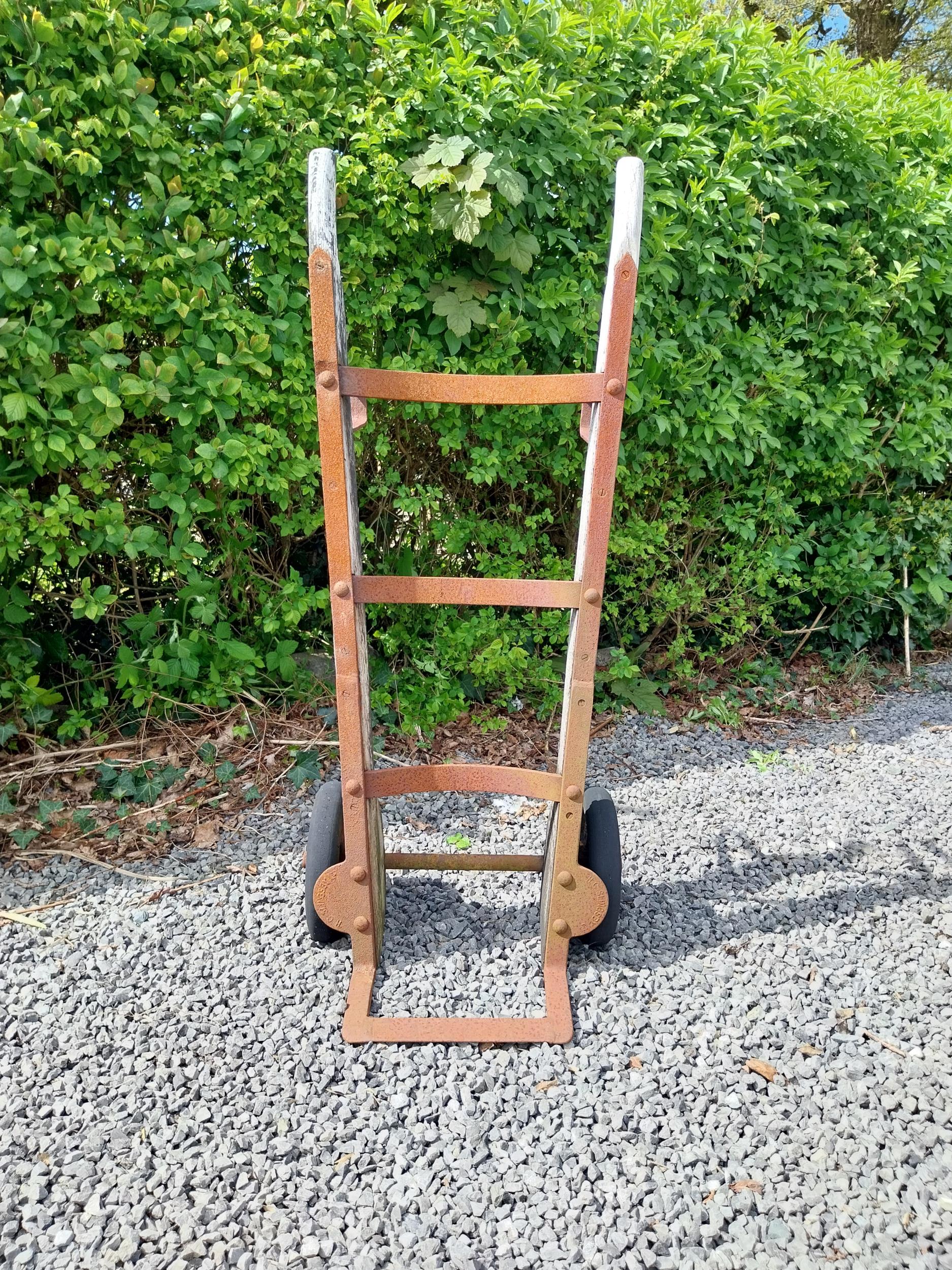 Early 20th C. wrought iron and wooden sack barrow {114 cm H x 44 cm W x 44 cm D}. - Image 3 of 5