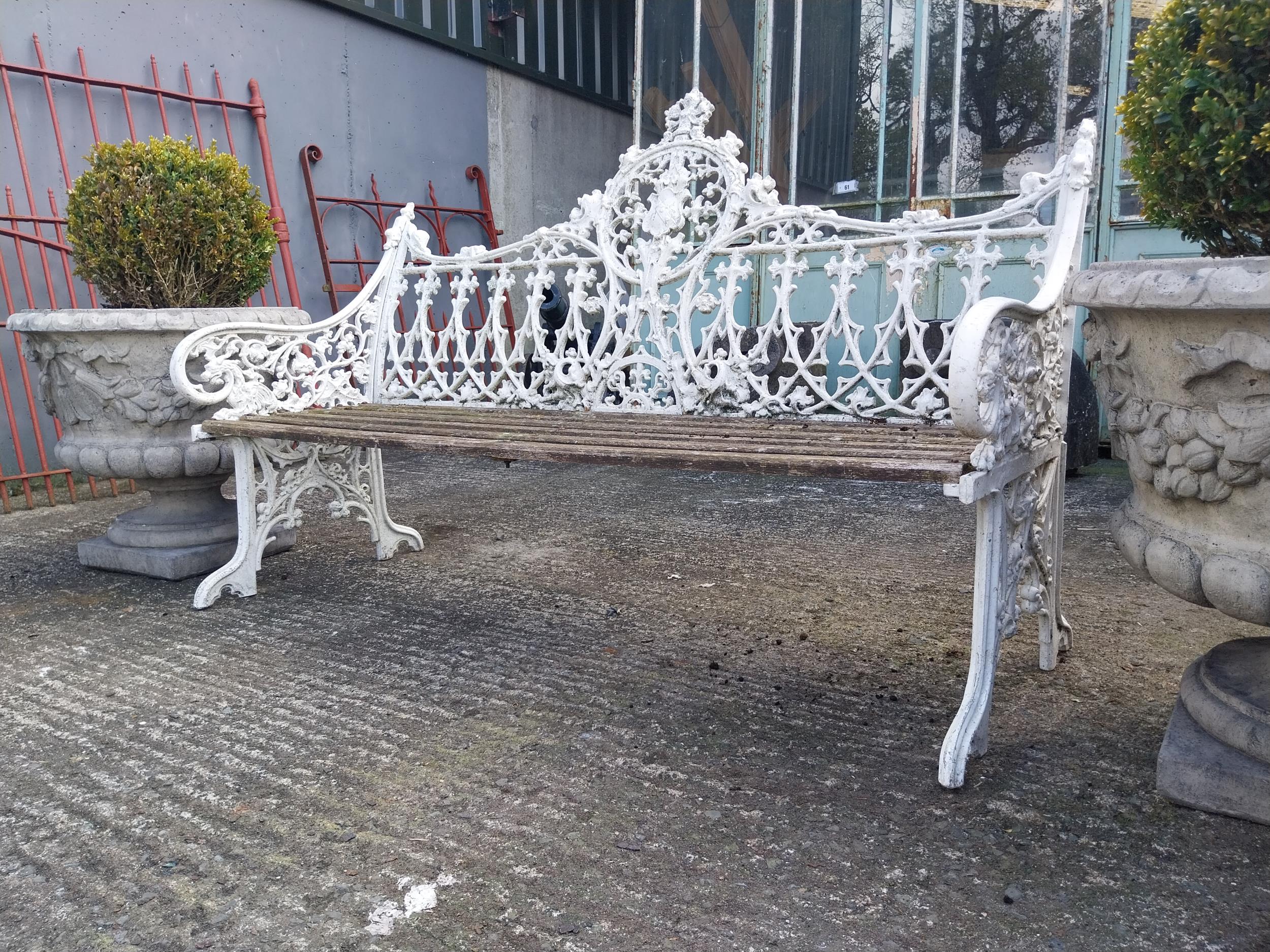 Decorative cast alloy garden bench in the Victorian style {99 cm H x 150 cm W x 68 cm D}. - Image 3 of 8