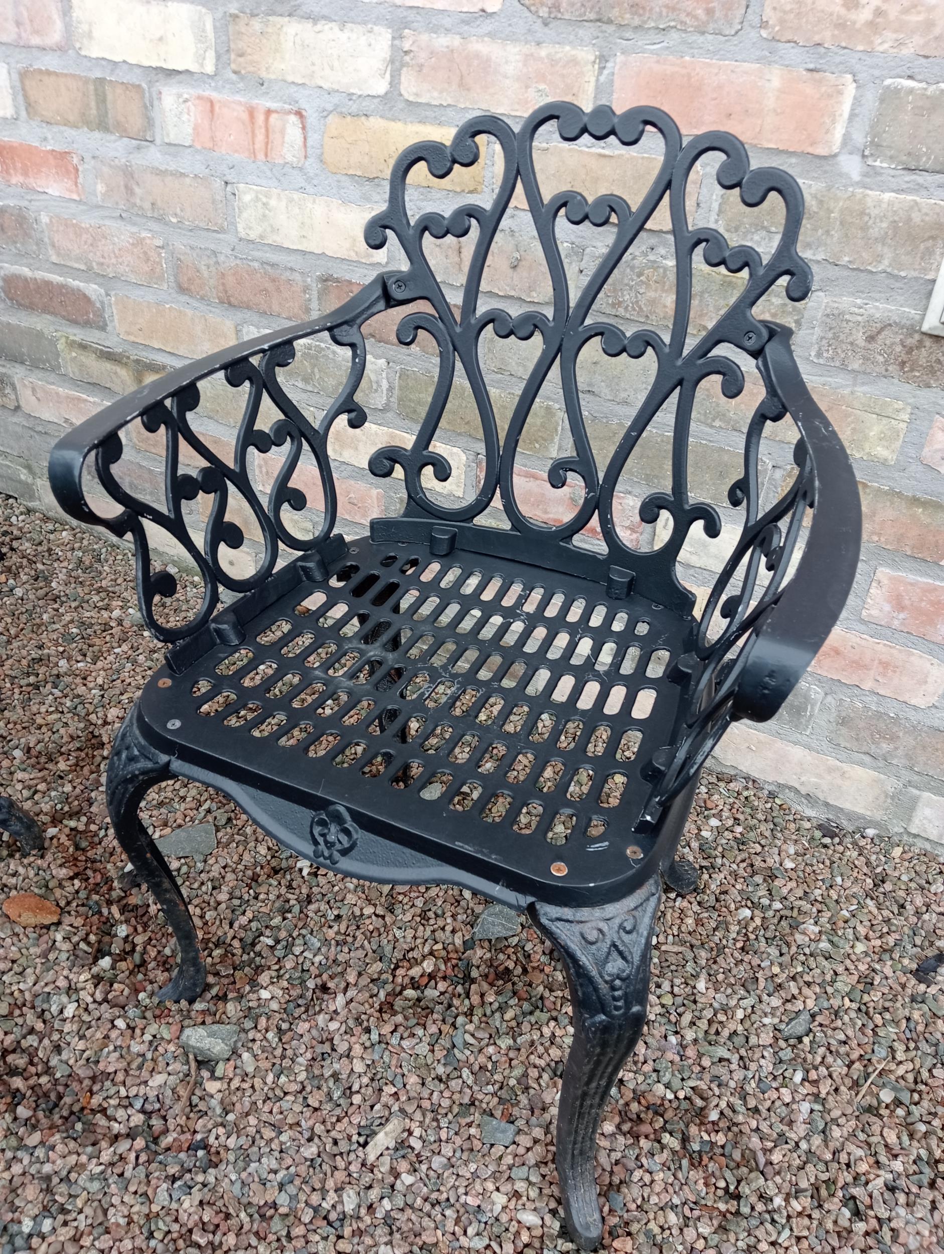 Cast aluminium black garden table four armchairs {Chairs H 80cm x W 58cm x D 50cm Table H 69cm x Dia - Image 4 of 5