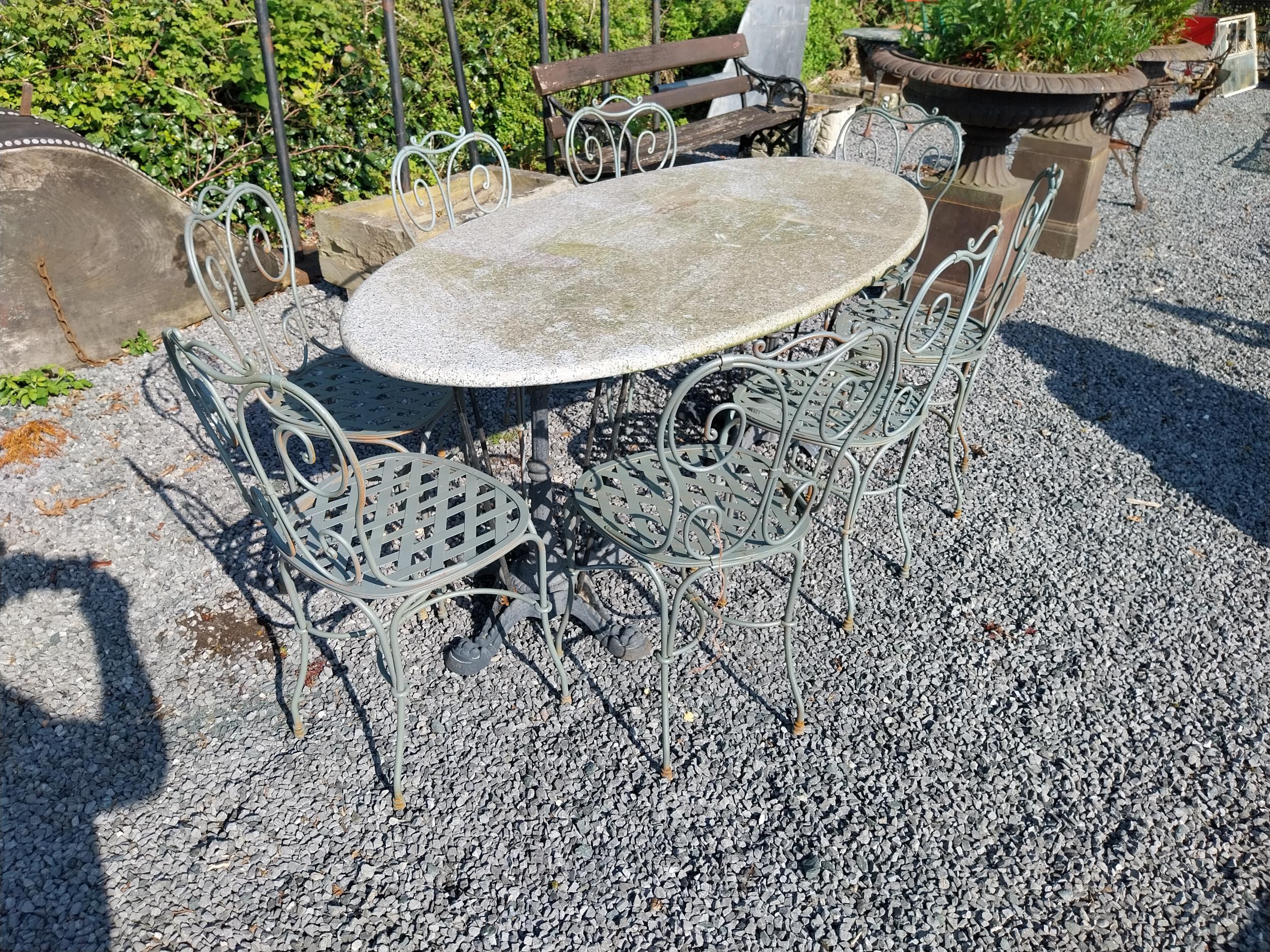 Cast iron garden table with marble top and eight good quality wrought iron garden chairs {Tbl. 75 cm - Image 6 of 6