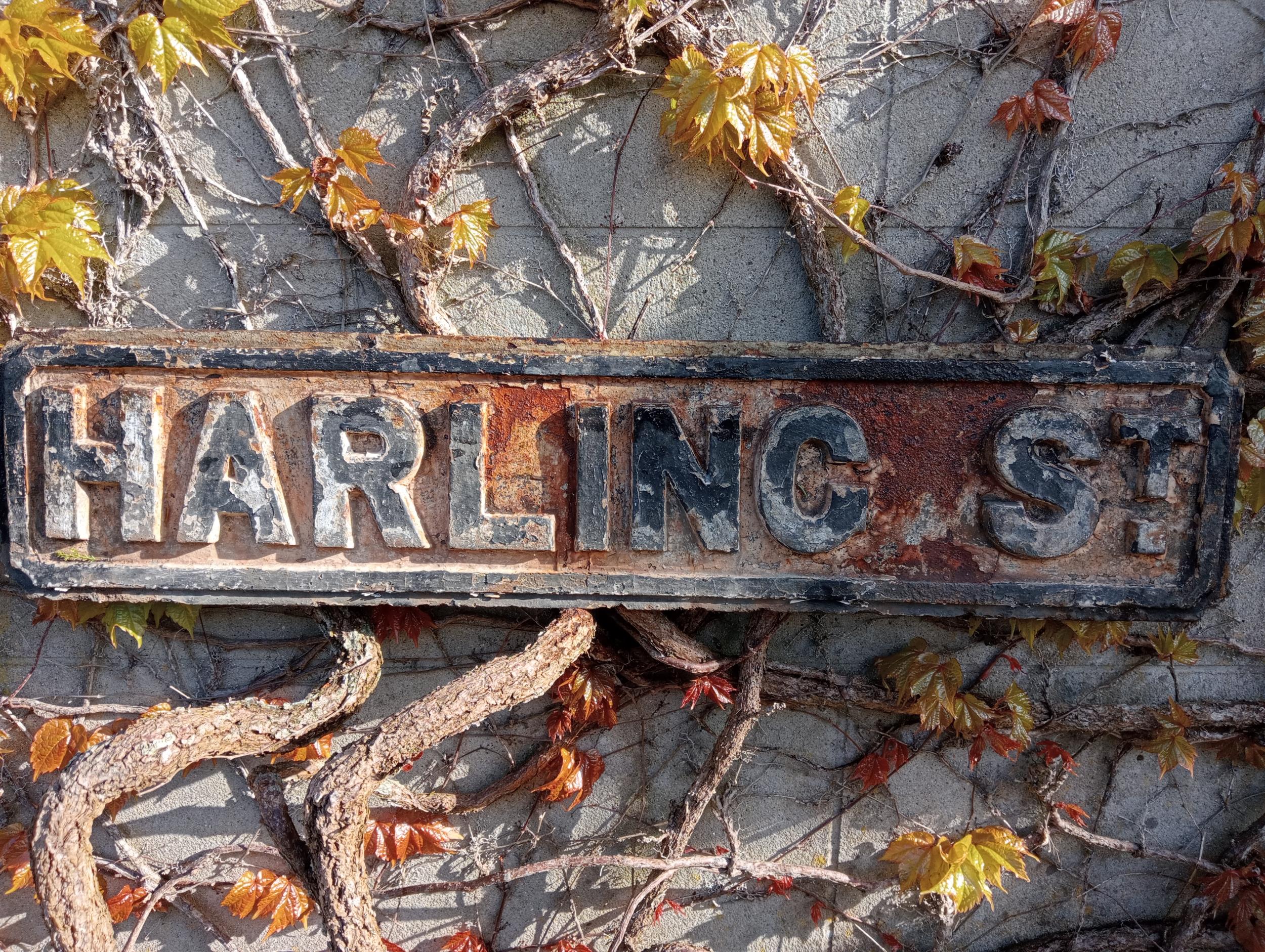 Cast iron Street sign Harling St {H 18cm x W 79cm }. (NOT AVAILABLE TO VIEW IN PERSON)