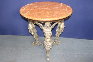 Bronze circular garden table with marble round top raised on three decorative Angel legs {H 84cm x D