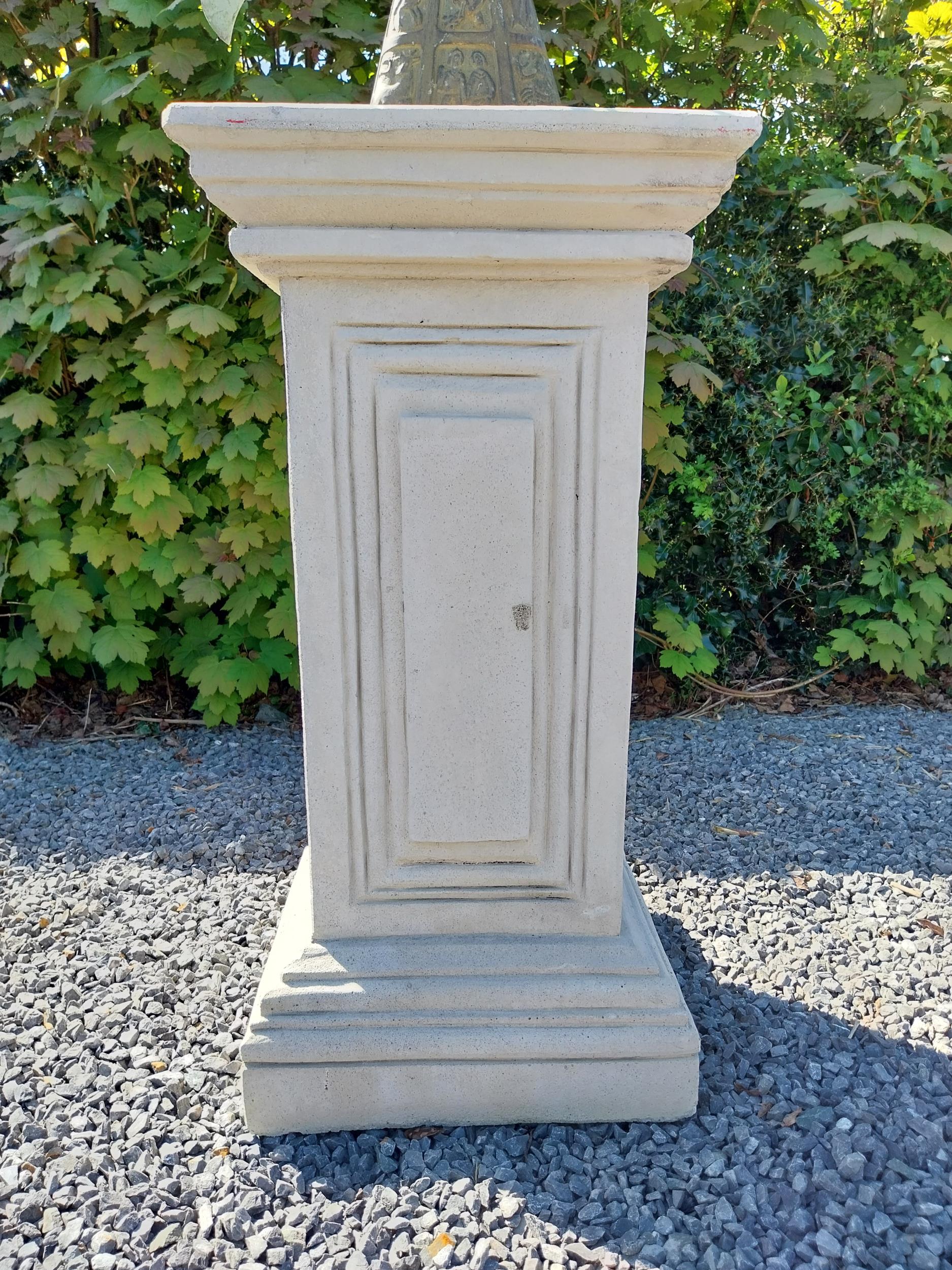 Copper and metal Armorial sundial raised on moulded sandstone pedestal {158 cm H x 40 cm W x 40 cm - Image 4 of 10