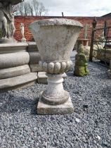 Victorian carved Carrara marble urn on pedestal {86 cm H x 45 cm Dia.}.