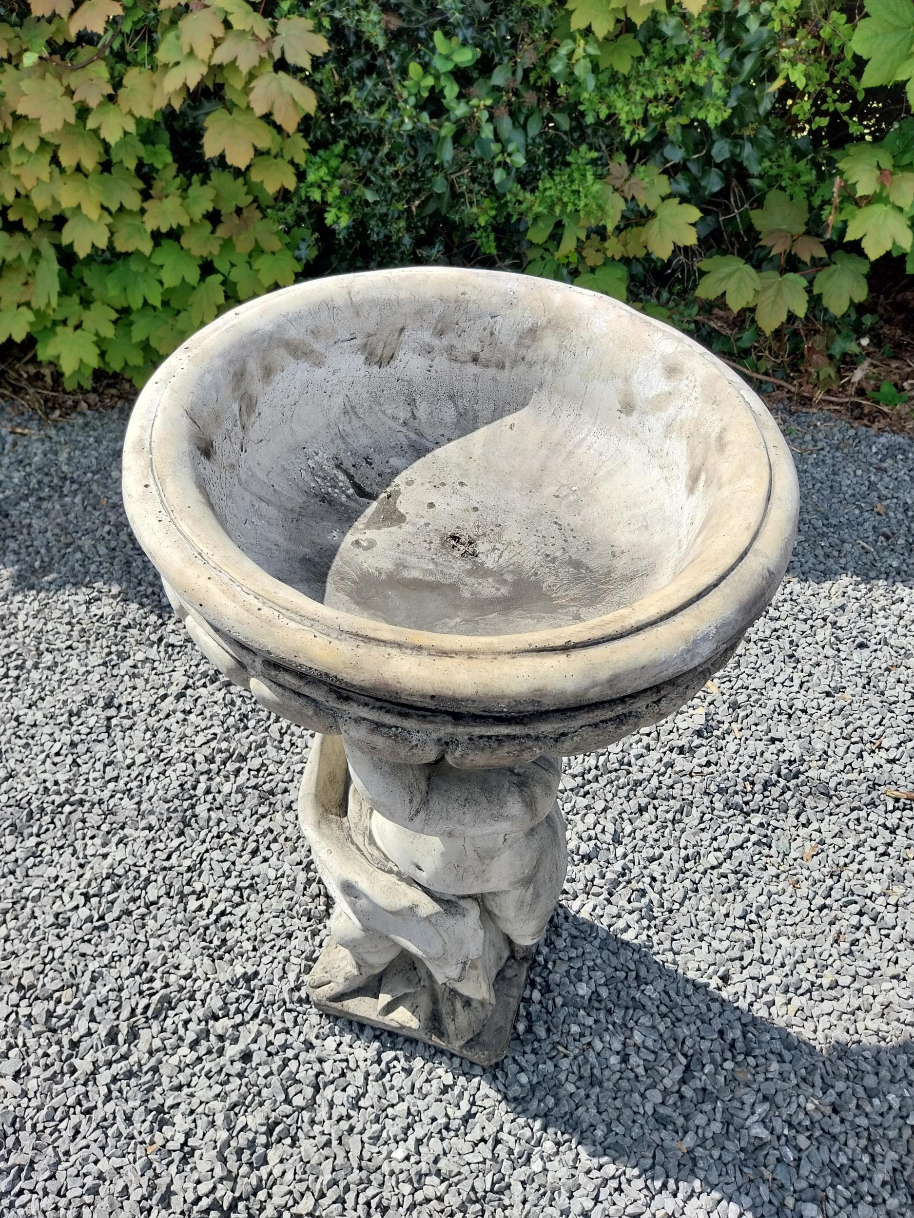 Moulded stone bird bath held of loft by Cherub {91 cm H x 49 cm Dia.}. - Image 3 of 9