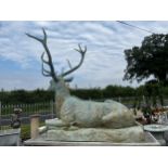 Exceptional quality majestic life size bronze stag on reeded moulded stone plinth {250cm H x 210cm W