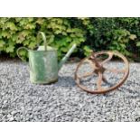 Metal watering can and cast iron wheel barrow wheel {39 cm H x 49 cm W x 26 cm D and 36 cm W x 39 cm