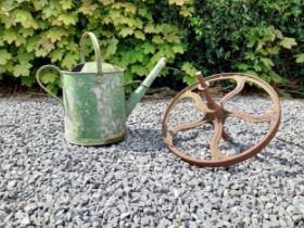 Metal watering can and cast iron wheel barrow wheel {39 cm H x 49 cm W x 26 cm D and 36 cm W x 39 cm