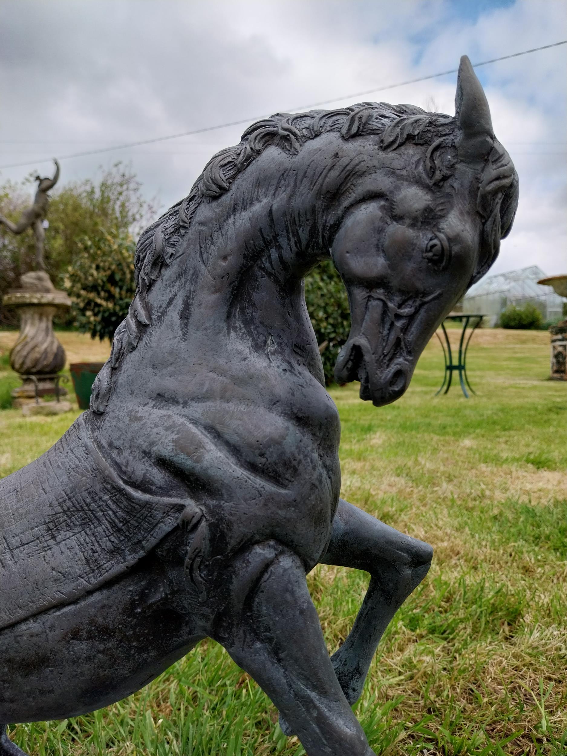 Bronze sculpture of a rearing Horse mounted on slate base {52 cm H x 41 cm W x 26 cm D}. - Image 6 of 6