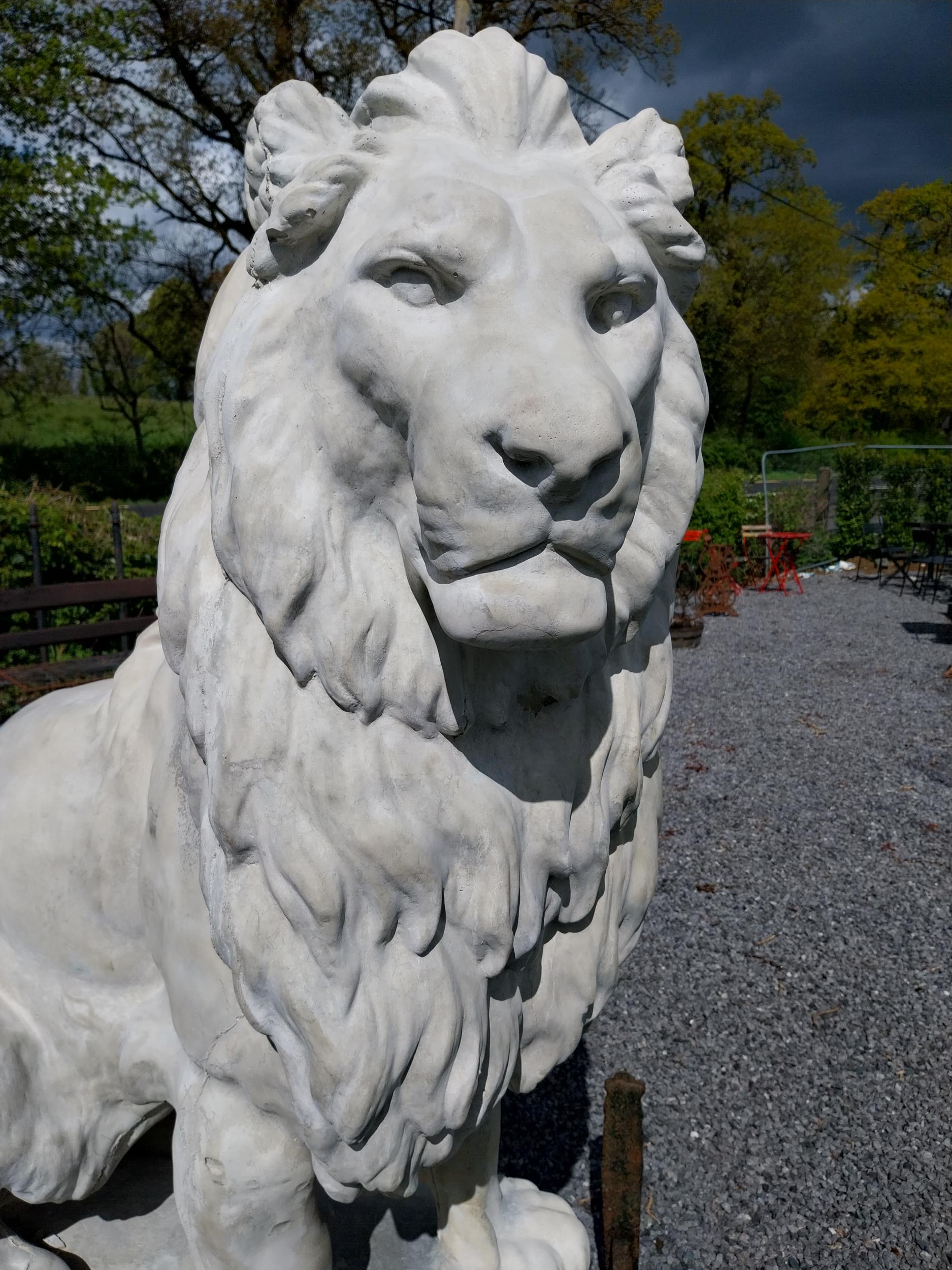 Pair of good quality moulded stone statues of seated Lions raised on pedestals {185 cm H x 123 cm - Image 7 of 16