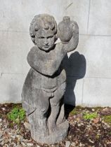 Stone statue of a Boy holding jug {H 82cm x W 35cm x D 25cm }. (NOT AVAILABLE TO VIEW IN PERSON)