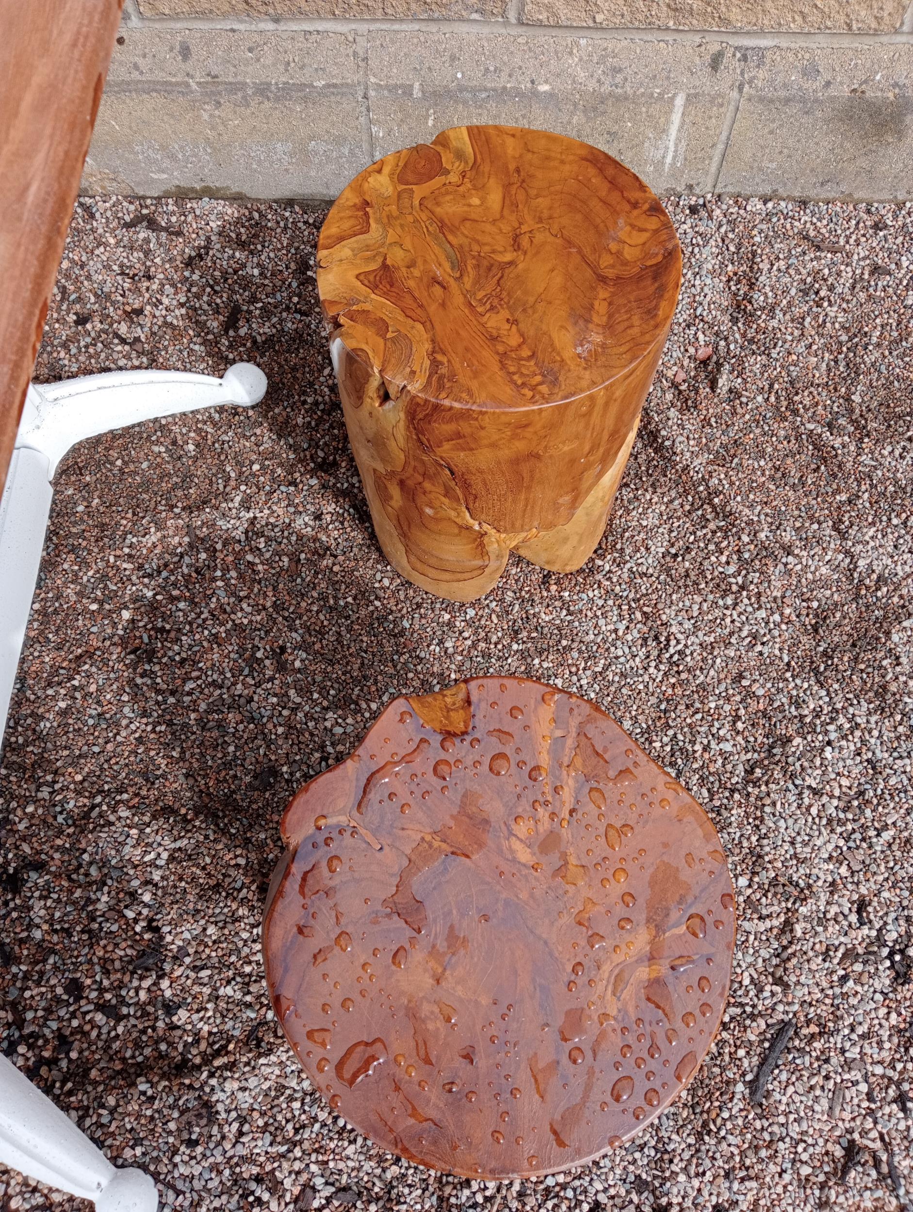 Cast iron garden table with Iroko wood top including wooden bench and two stools {Table H 73cm x W - Image 7 of 7