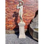 Moulded sandstone statue of a Grecian Lady raised on pedestal {192 cm H x 47 cm W x 47 cm D}.