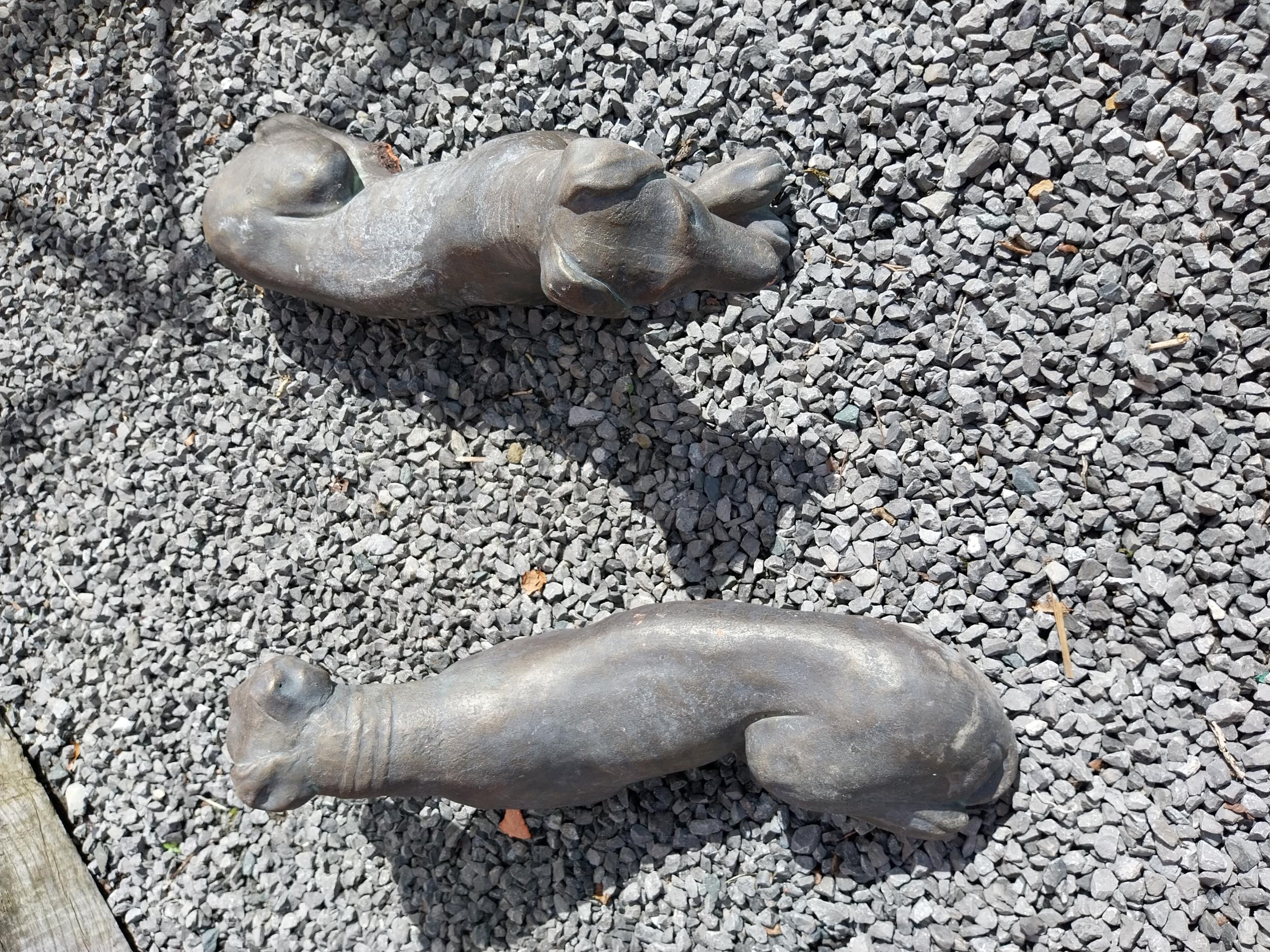 Pair of painted moulded terracotta statues of recumbent Whippets {24 cm H x 60 cm W x 19 cm D}. - Image 4 of 7