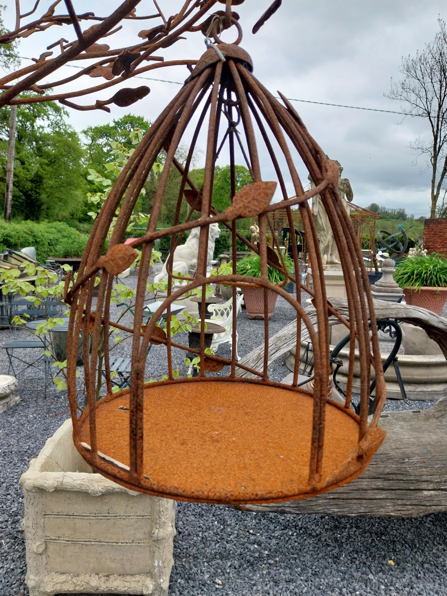 Decorative wrought iron bird feeder in the form of a tree and two hanging bird cages {224 cm H x 135 - Image 8 of 13