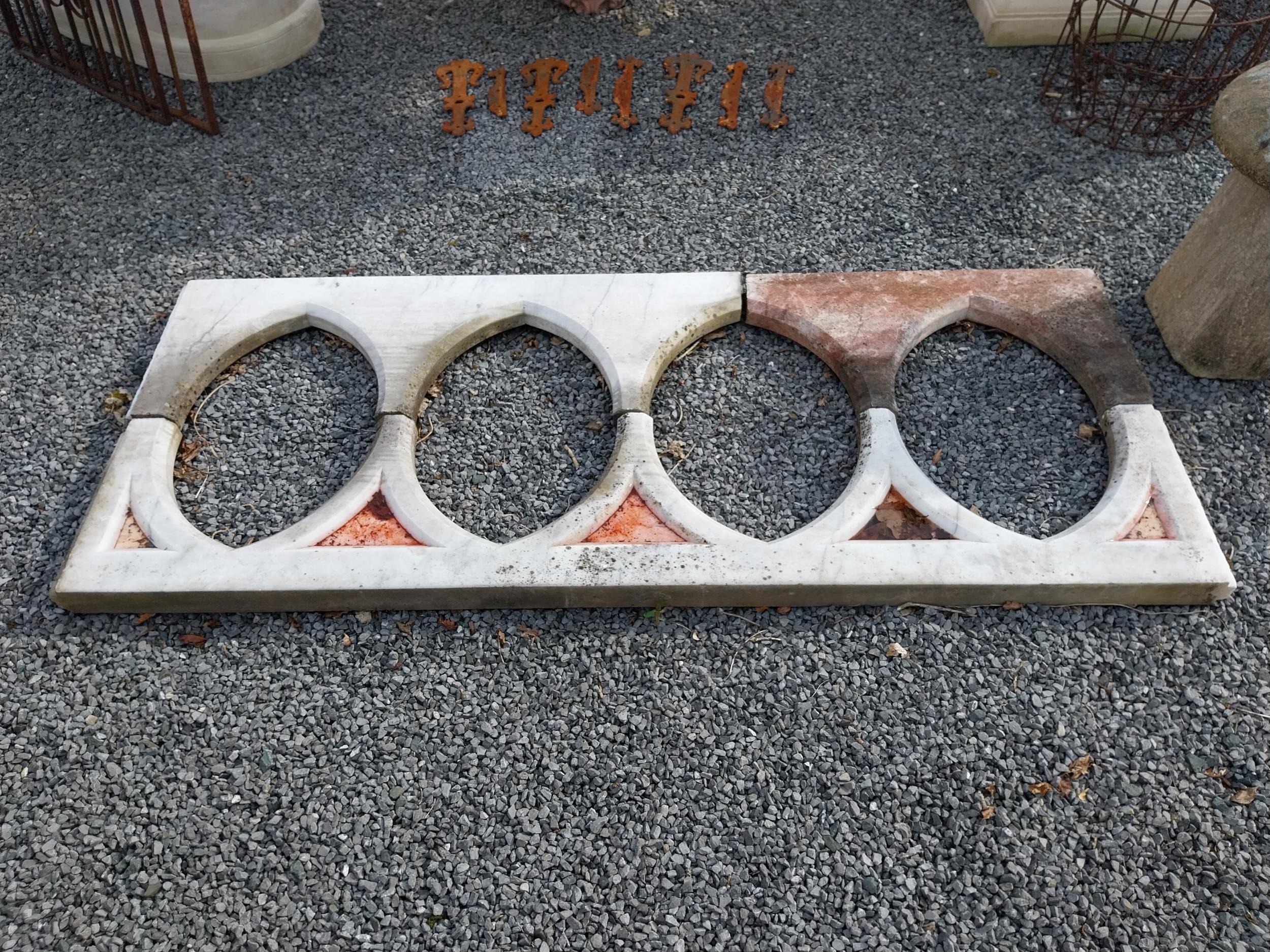 Two early 20th C. carved marble ecclesiastical arches {43 cm H x 218 cm W x 8 cm D each}.
