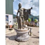 Good quality cast iron life-size statue of Apollo Belvedere raised on composition pedestal {233 cm H