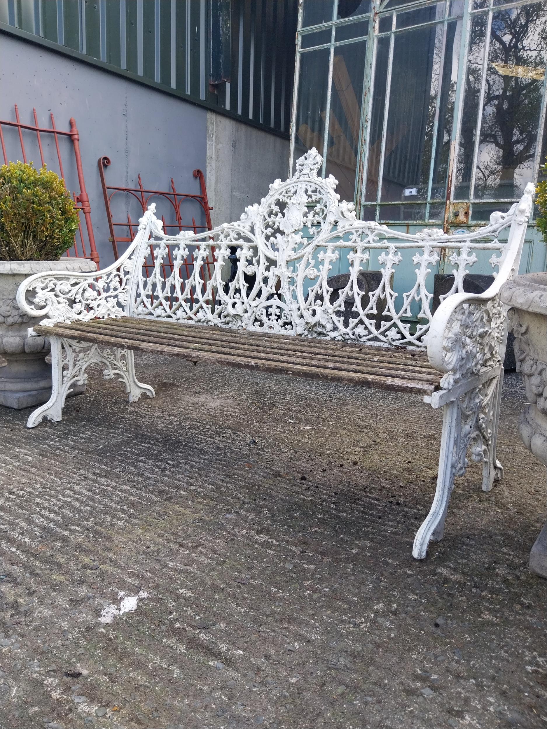 Decorative cast alloy garden bench in the Victorian style {99 cm H x 150 cm W x 68 cm D}. - Image 4 of 8