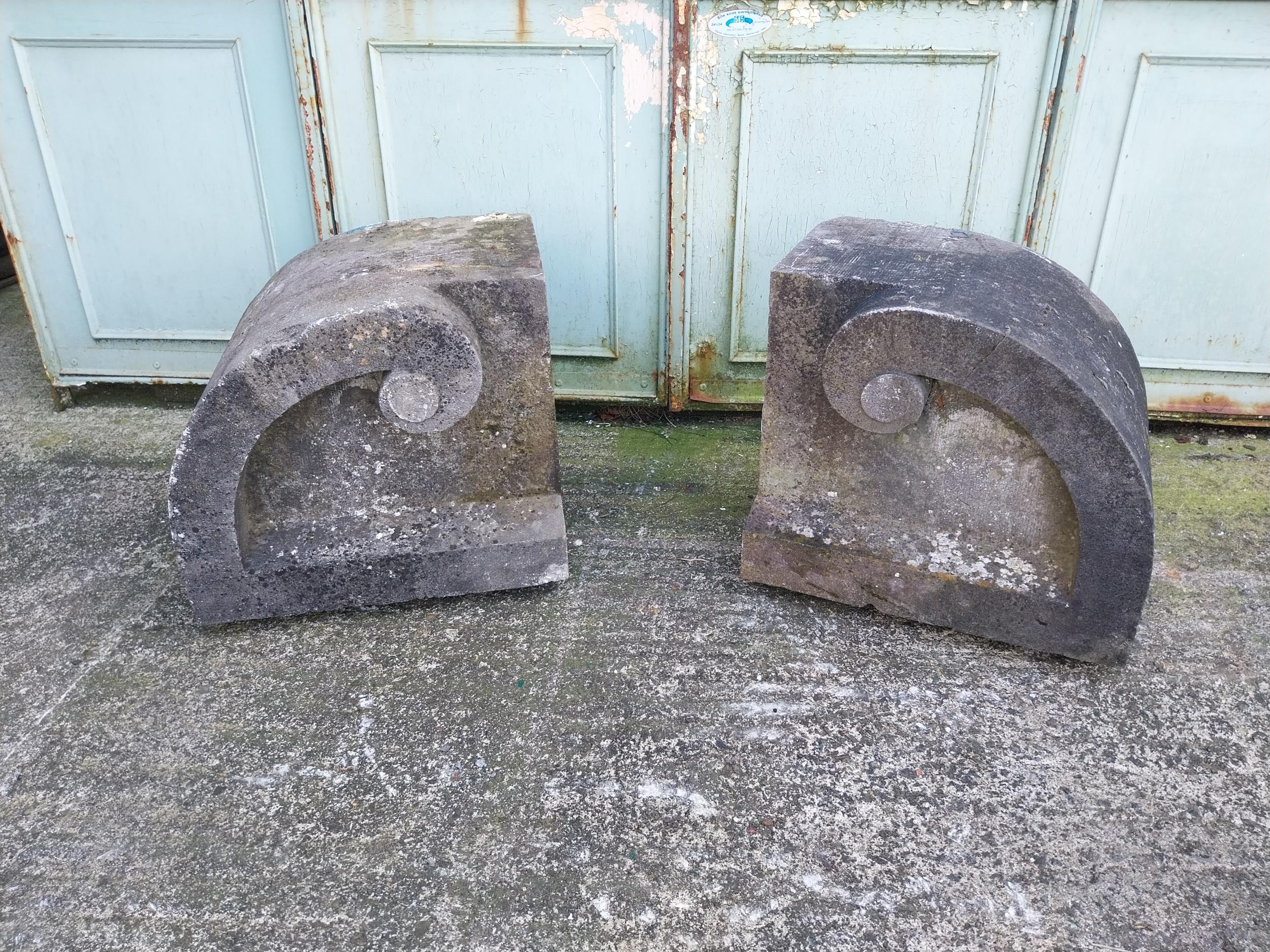 Pair of 19th C. carved limestone pier caps {52 cm H x 58 cm W x 40 cm D}. - Image 4 of 9