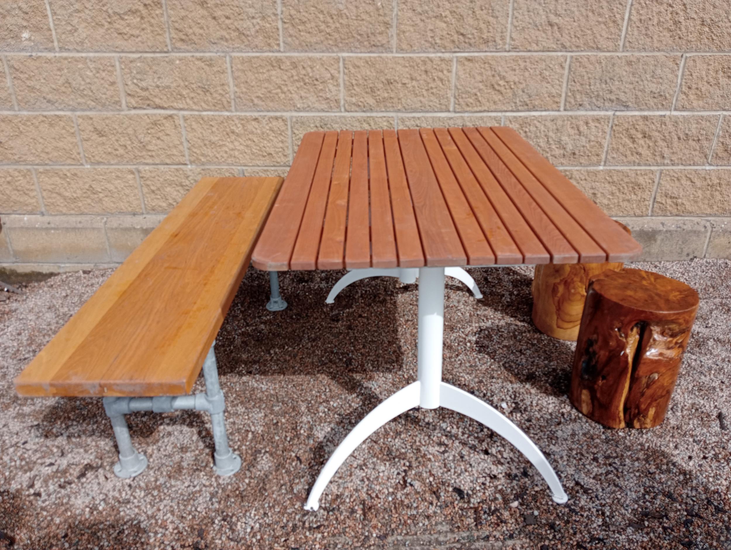 Cast iron table with bench and two low midi wood stools rounded edge top {Table H 72cm x W 120cm x D