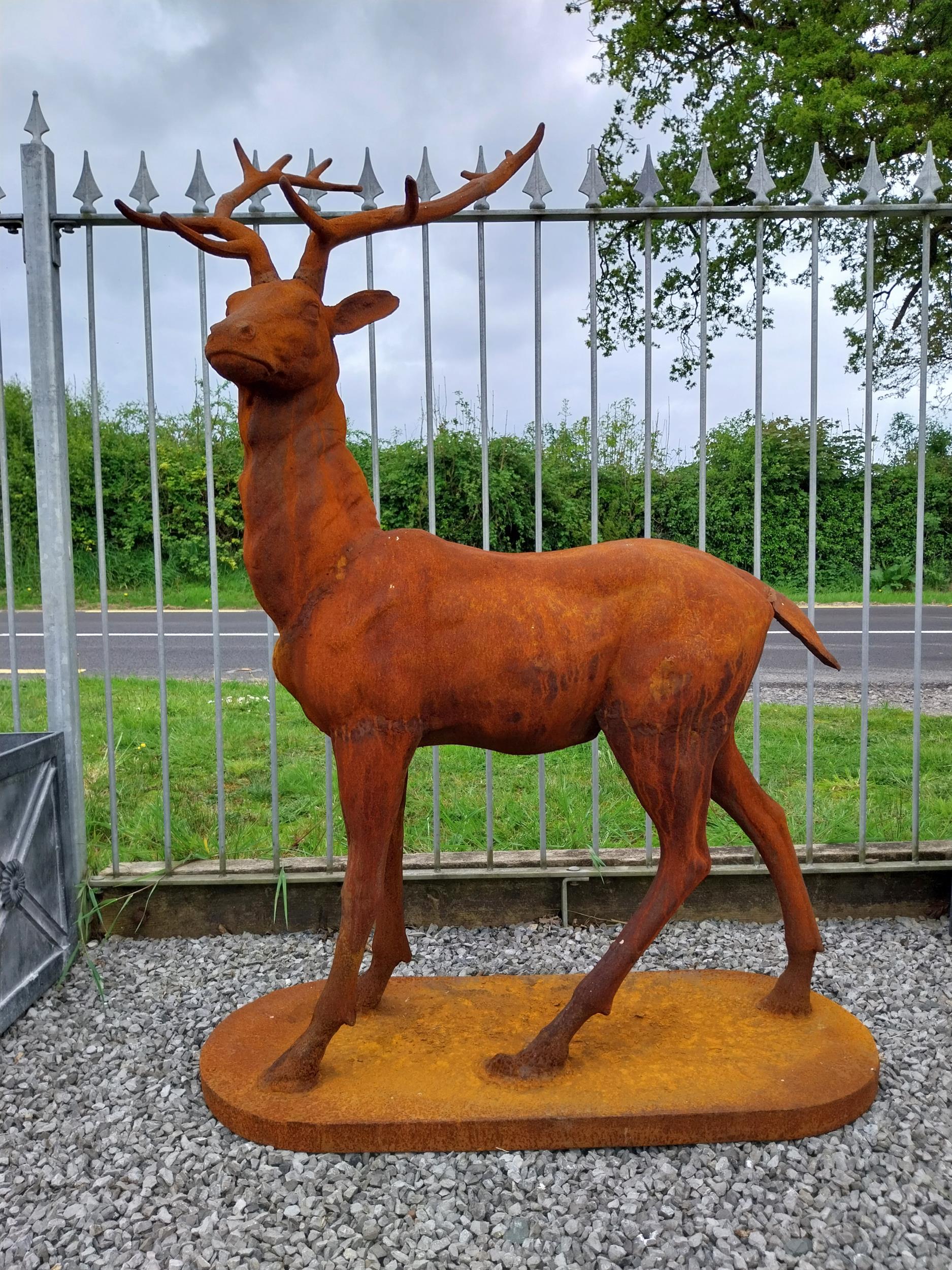 Good quality French cast iron statue of a Stag mounted on platform base {145 cm H x 110 cm W X 66 cm