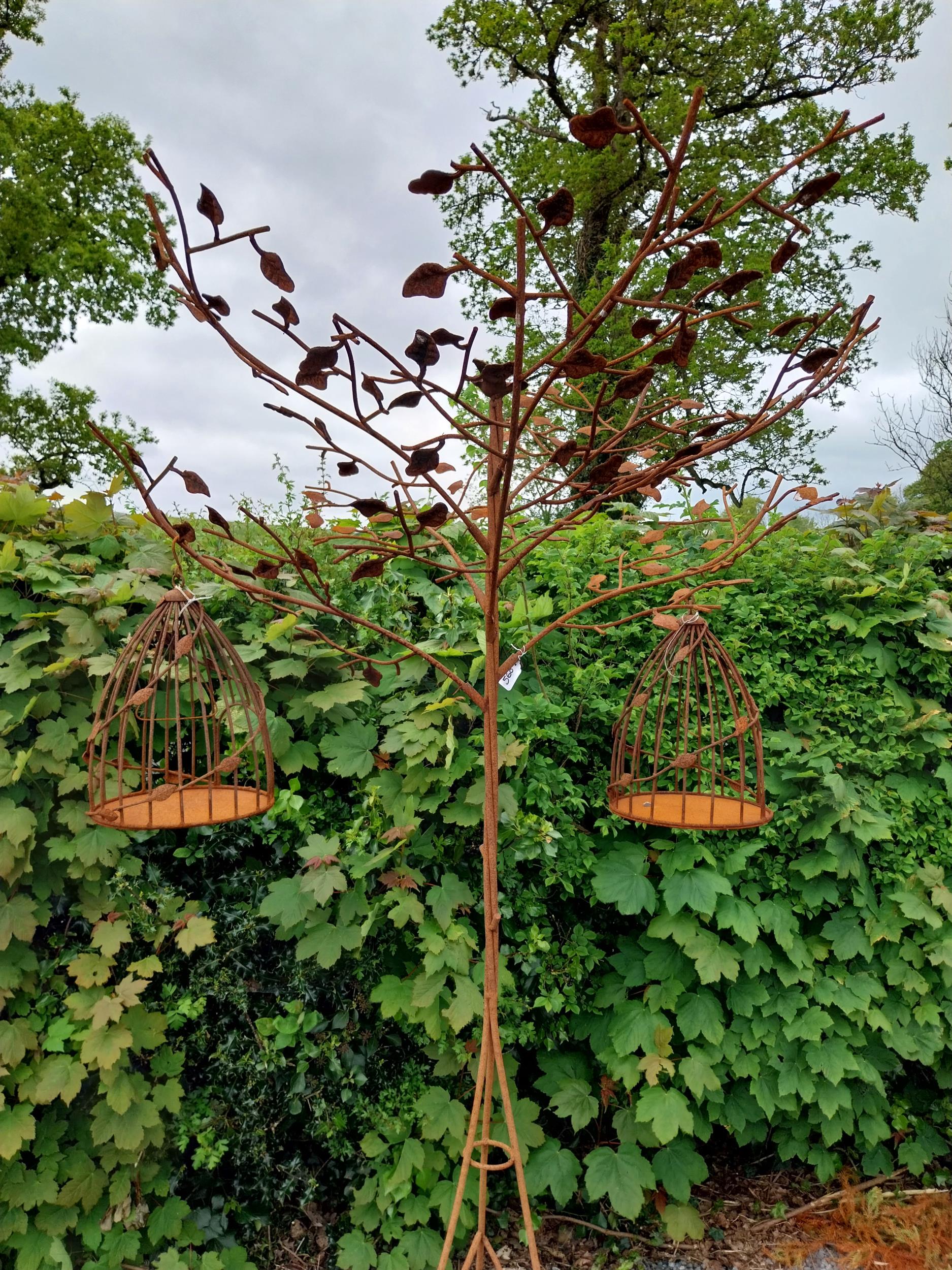 Decorative wrought iron bird feeder in the form of a tree and two hanging bird cages {224 cm H x 135 - Image 10 of 12