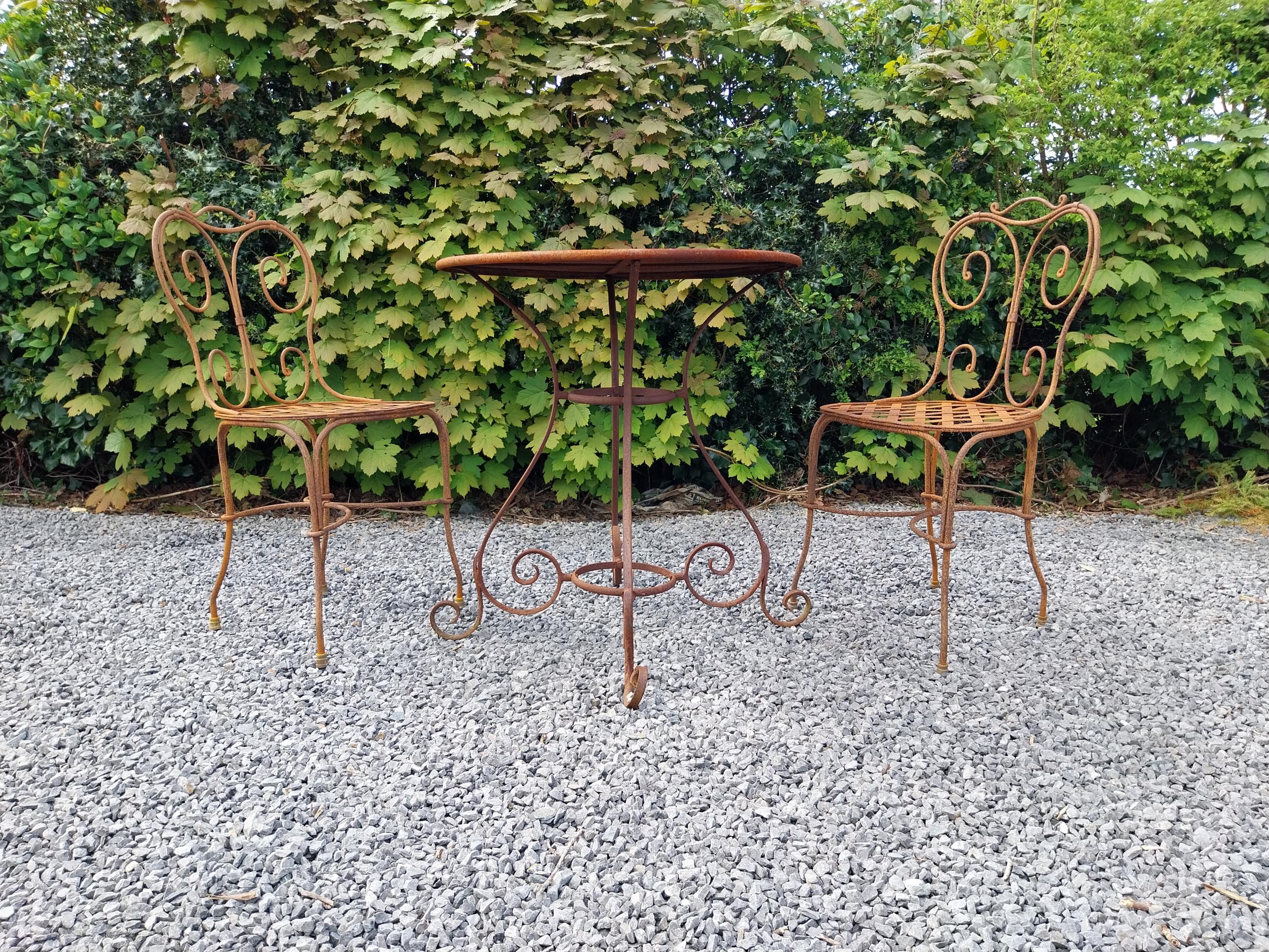 Wrought iron café - garden circular table with two matching chairs {Tbl. 75 cm H x 70 cm Dia. Chairs